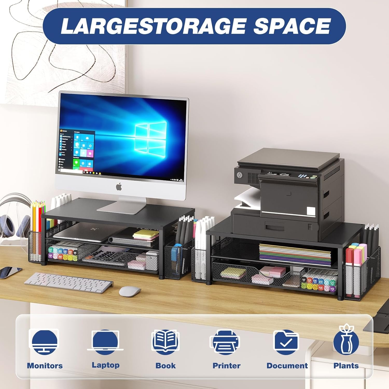 Desk Organizer and Accessories, 2-Tier Computer Monitor Stand with Drawer and 2 Pen Holders, Office Desk Accessories for Office Supplies