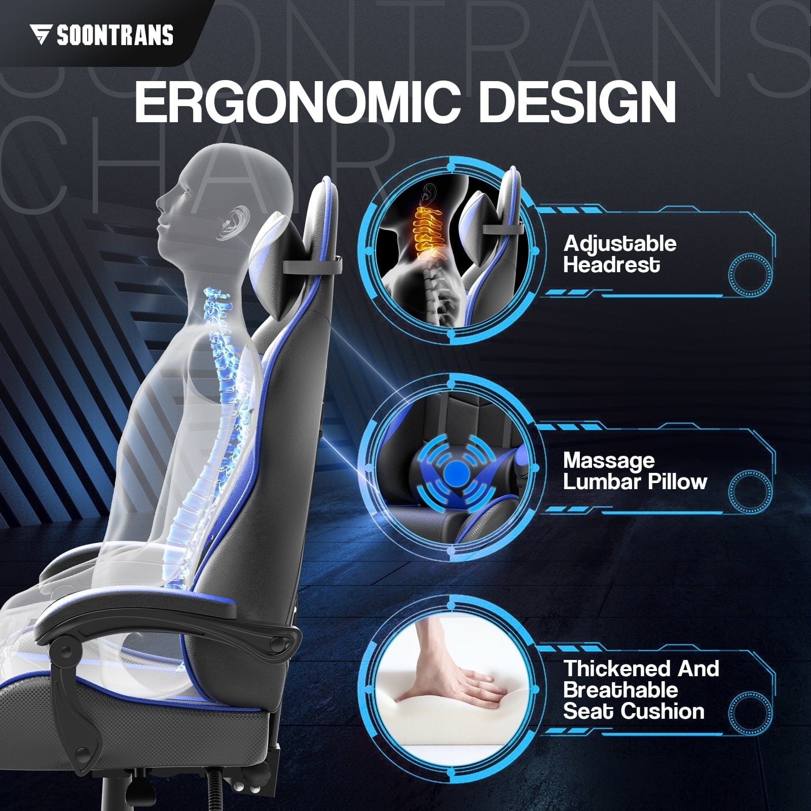 Soontrans Gaming Chair with Massage, High Back Computer Gamer Chair for Adults and s, Ergonomic Game Chair with Adjustable Headrest and Lumbar Support (Blue)