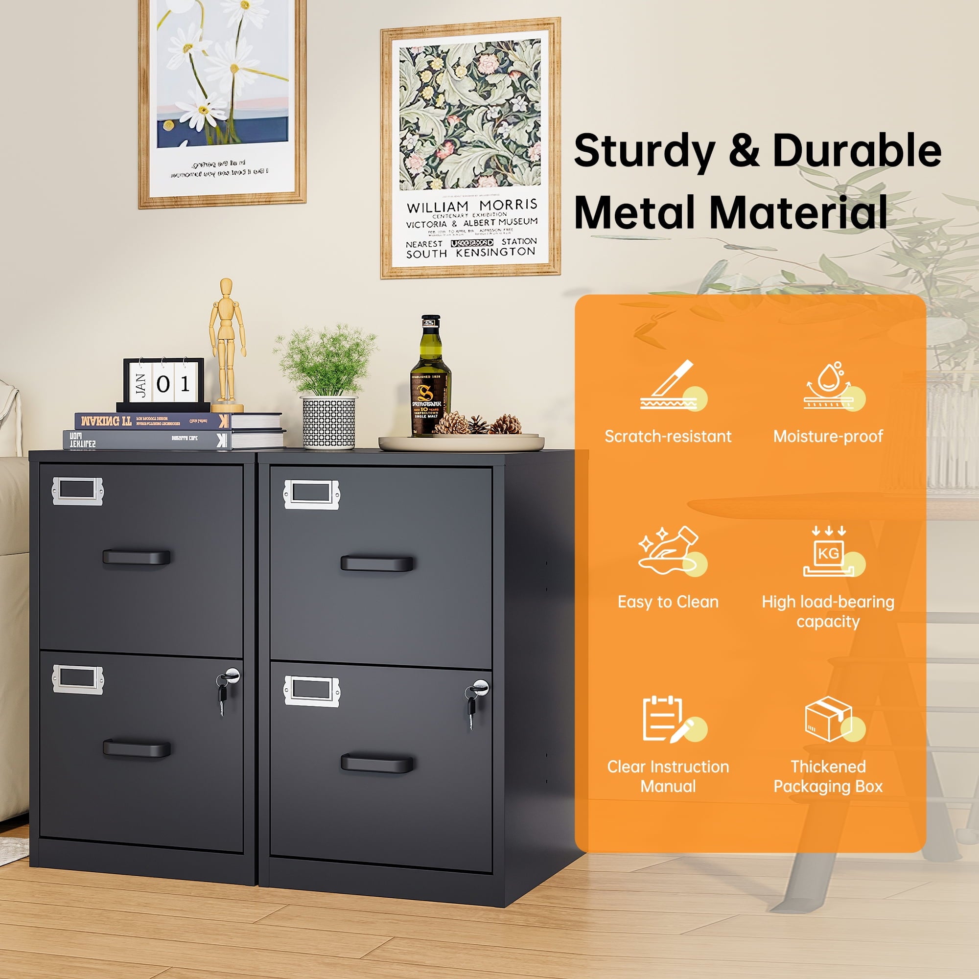 STANI 2 Drawer Filing Cabinet with Lock, Metal Vertical File Storage Cabinets for Home Office, Letter/A4 File Folders Storage, Assembly required (Black)