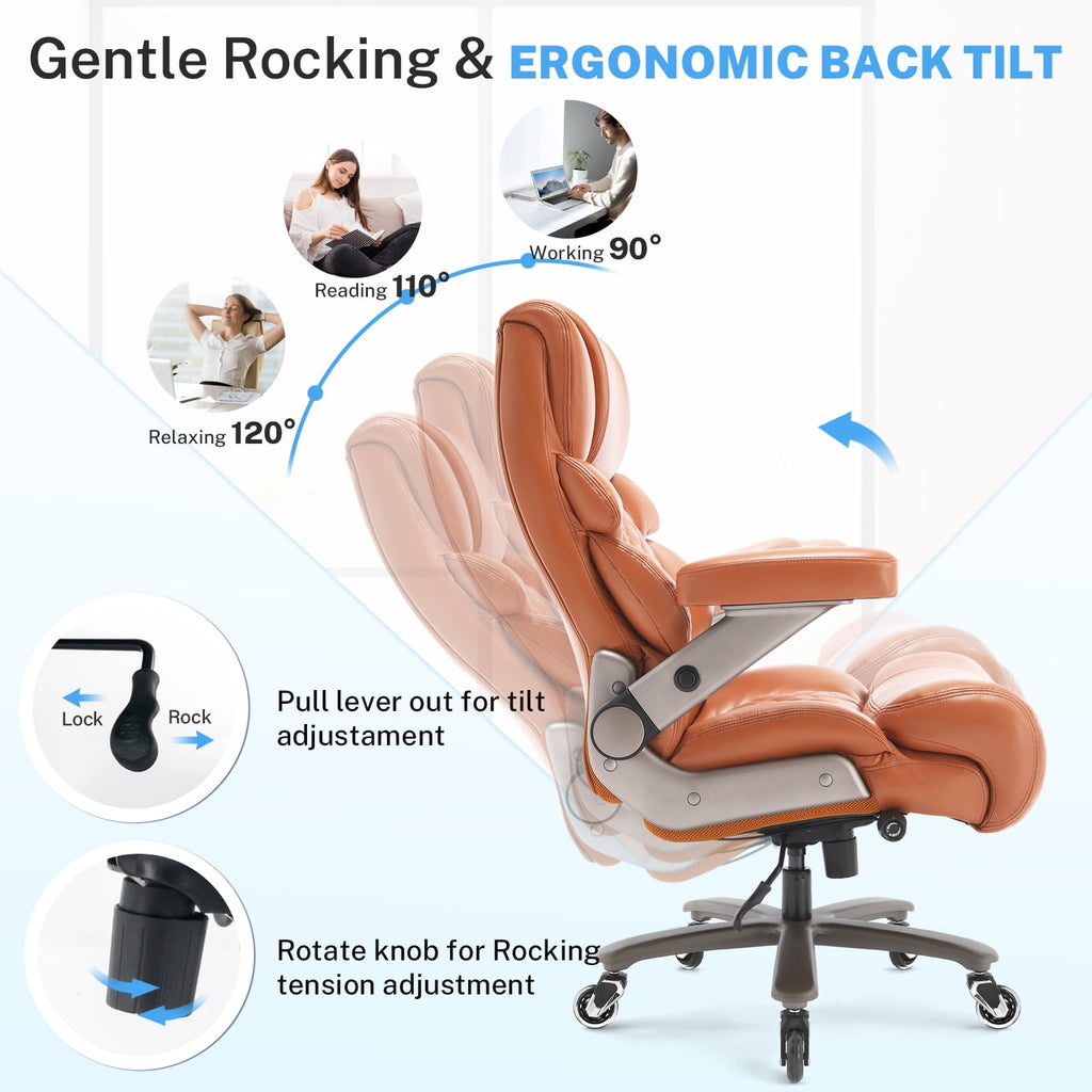 WOSDOM Big and Tall Office Chair 700lbs, Large High Back Executive Chair with Extra Wide Seat, Heavy Duty Rocking Computer Chair, 3D Flip Arms, Adjustable Lumbar Support, Brown
