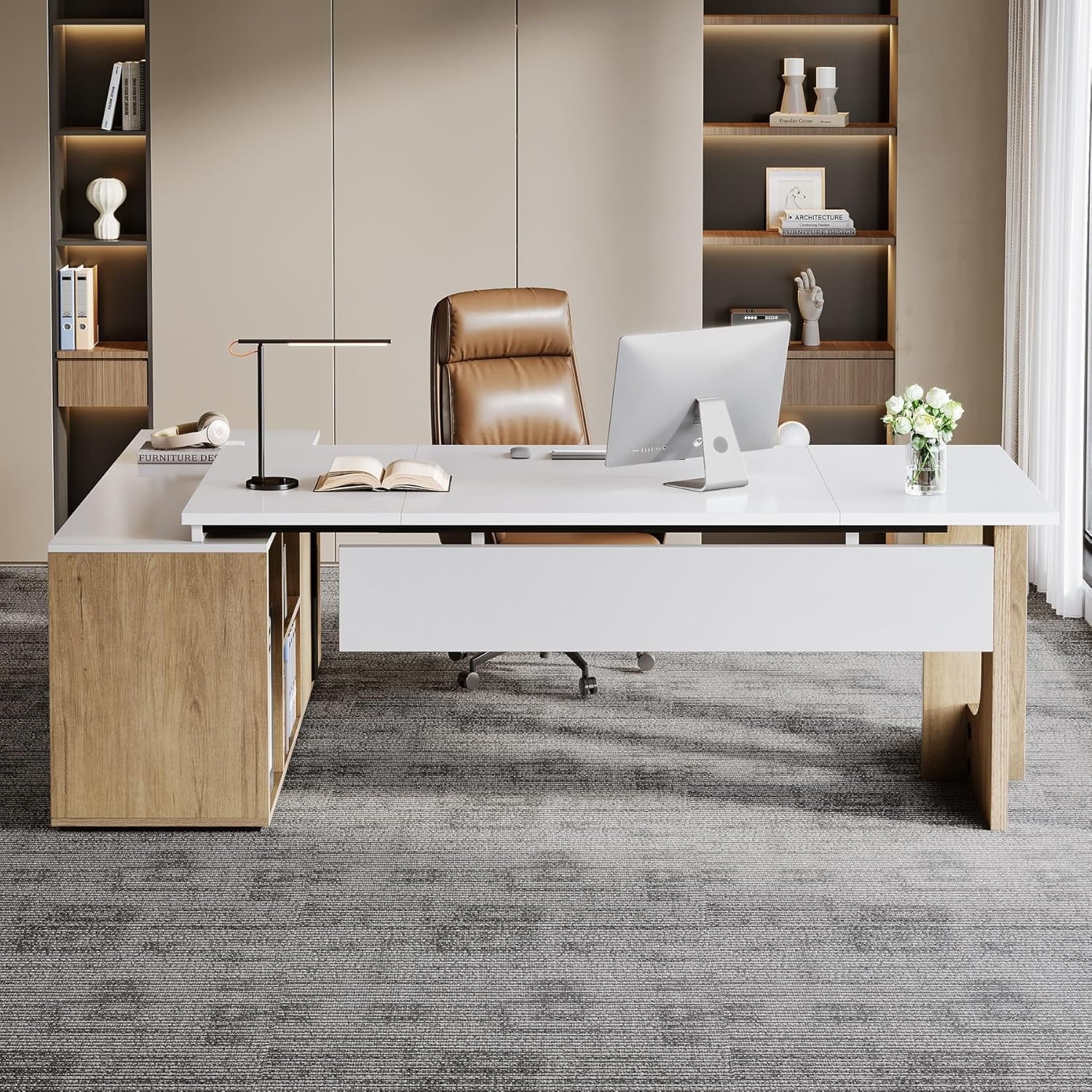 Tribesigns 74.8" Executive Desk, Large Office Desk with Cabinet, L Shaped Computer Desk with Shelves and CPU Storage, Modern Home Office Desk Business Furniture Workstation Set, White and Wood