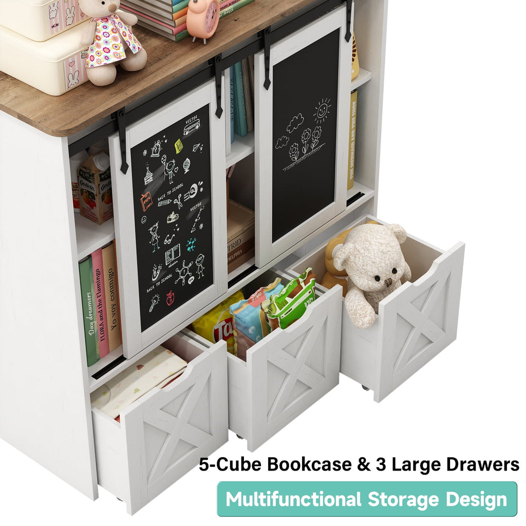 Vabches Toy Storage Organizer with 3 Drawers Kids Bookcase with Sliding Blackboard Storage Cabinet, White