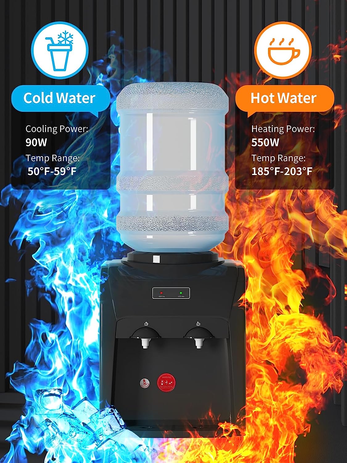 TABU Top Loading Water Cooler Dispenser, Hot & Cold Water, 38'' Countertop Water Cooler Dispenser, Holds 3 or 5 Gallon Bottle,Office Use,Black