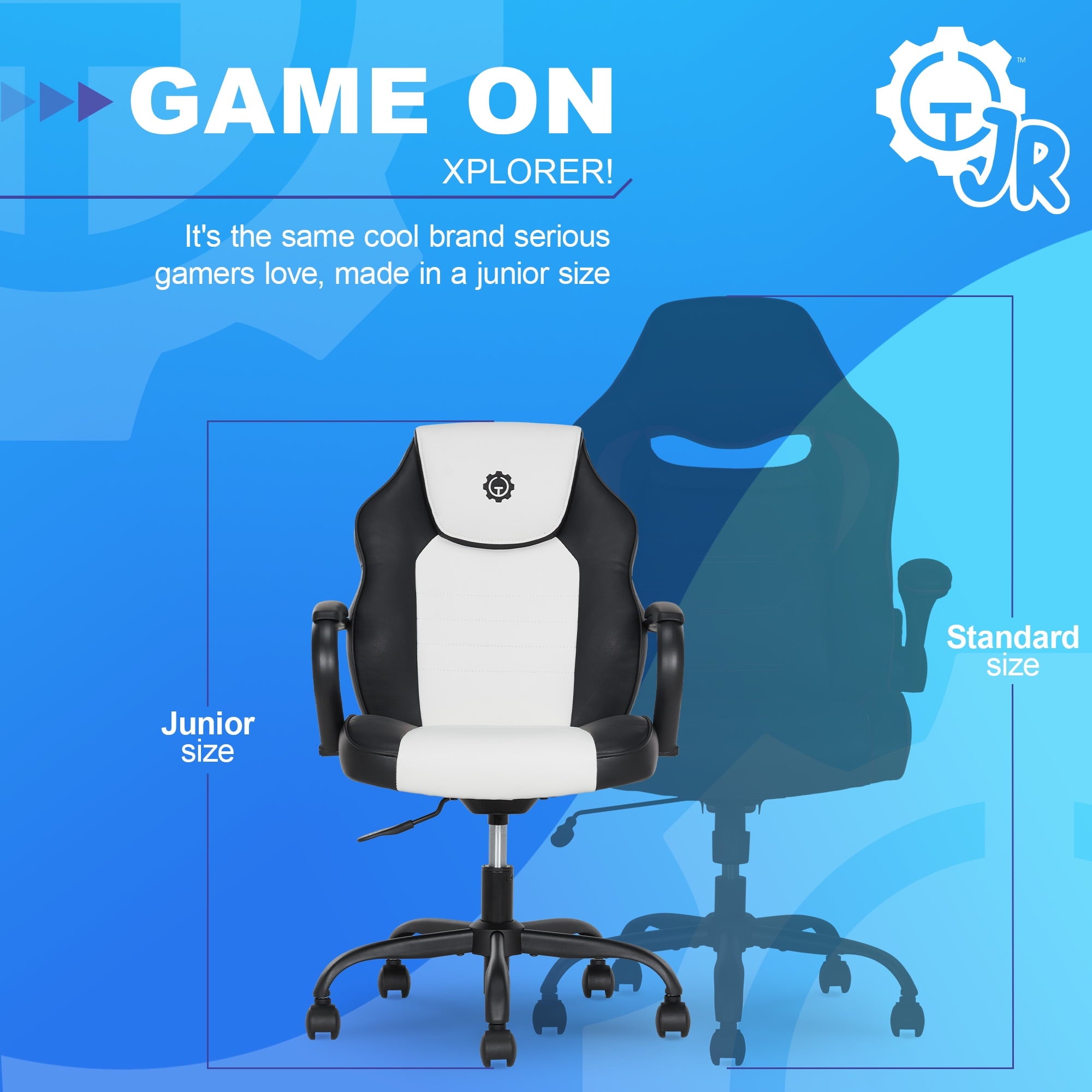 Gamer Gear Jr. Xplorer Gaming and Computer Chair, Kids and Teens Gaming Chair with Padded Arms, Adjustable Height, White and Black