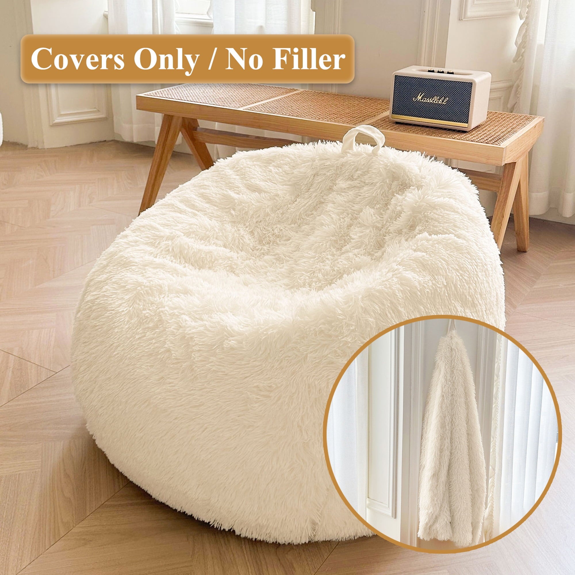 XeGe Fluffy Stuffed Animal Storage Bean Bag Chair Cover(No Filler), Faux Fur Washable Ultra Soft Bean Bag Cover for Plush Toys or Textile,Plush Shaggy Large Beanbag for Adults Kids Teens, Beige
