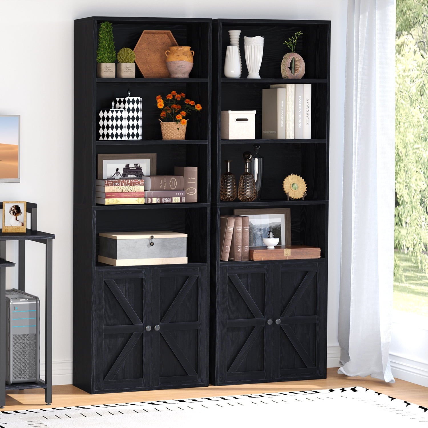 Easoger 6 Tier Bookcase Set of 2, Bookshelves with Barn Cabinet Doors, Floor Bookshelves for Home Office, Living Room, Black