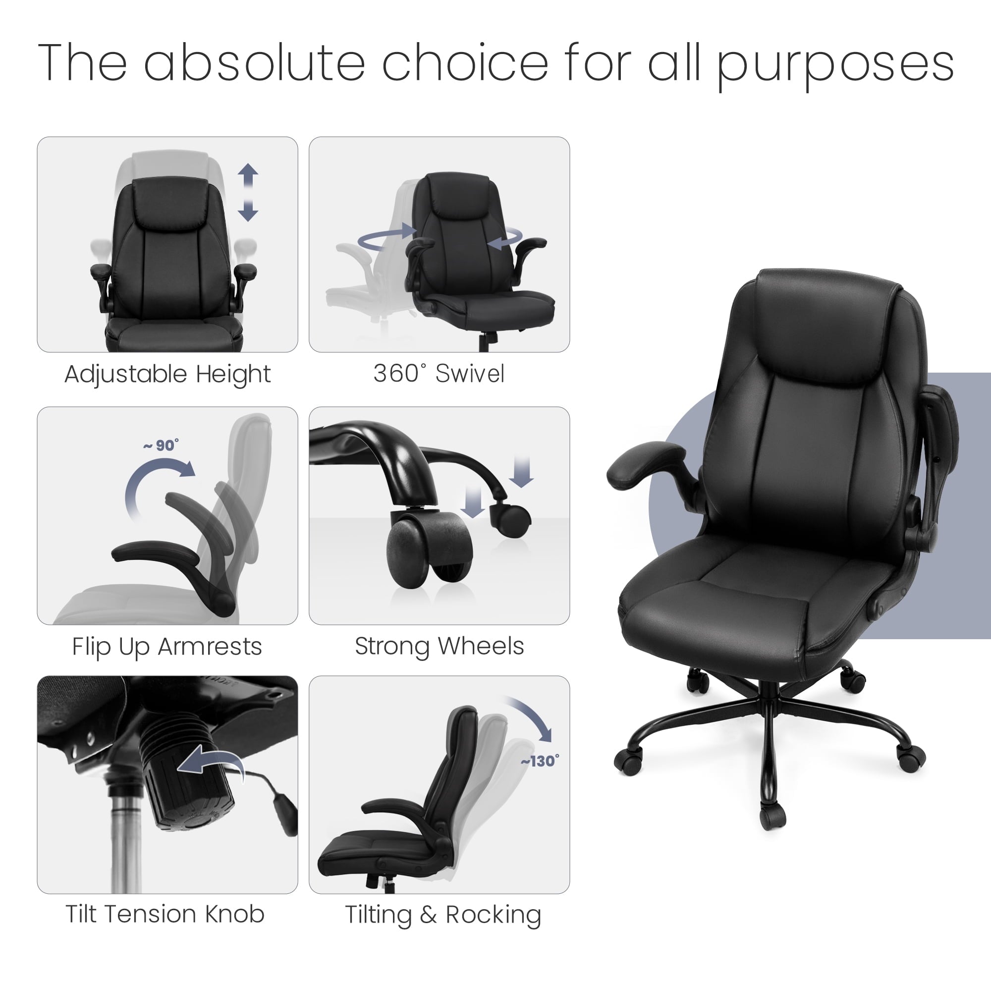 NEO CHAIR Executive Office Chair, Ergonomic High back Cushioned, Wide Leather Seat 8 Hours Heavy Duty Design, Flip Up Armrest Computer Desk Chair, Black
