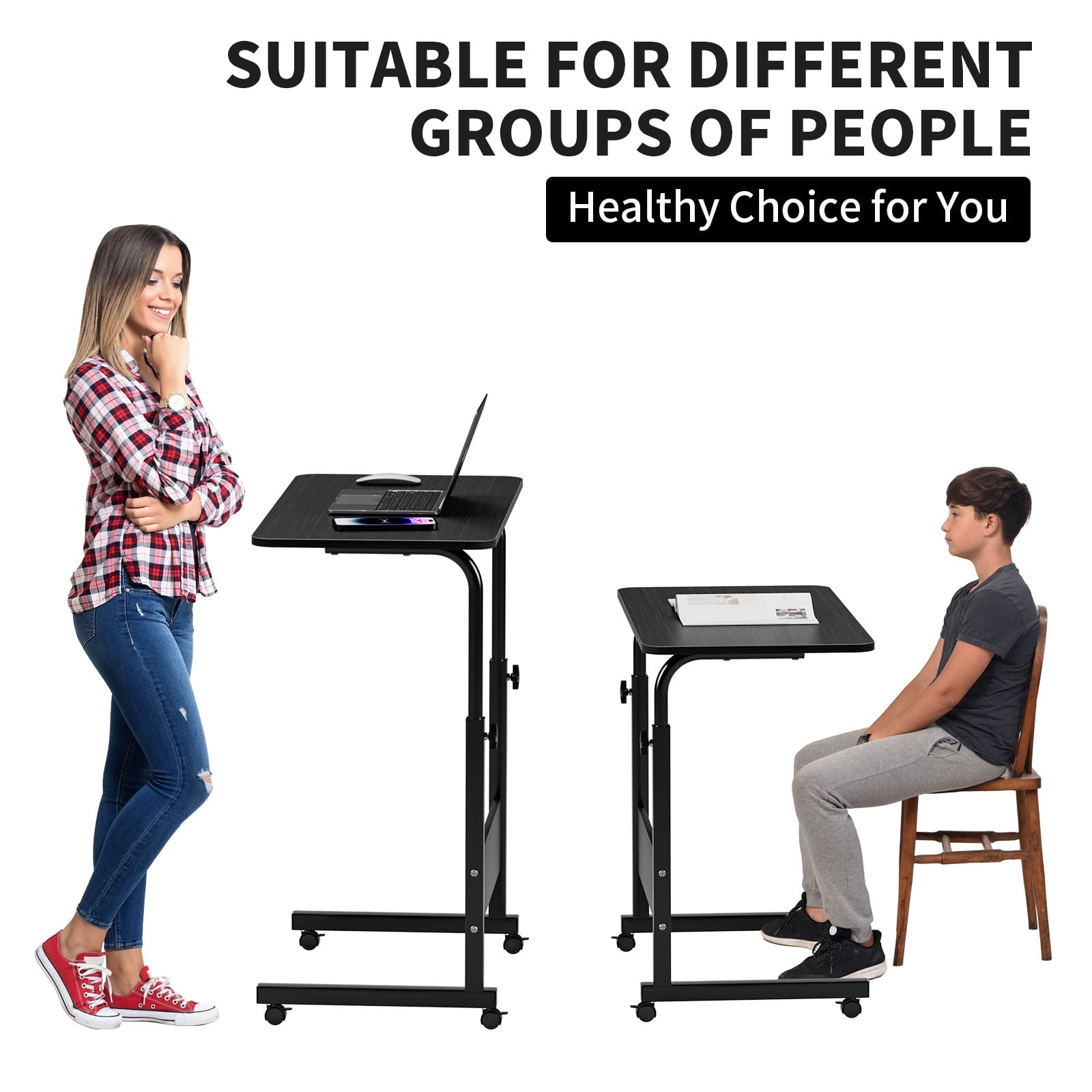 Qiushi Portable Couch Side Table Adjustable Tray Table on Wheels for Home, Office Black