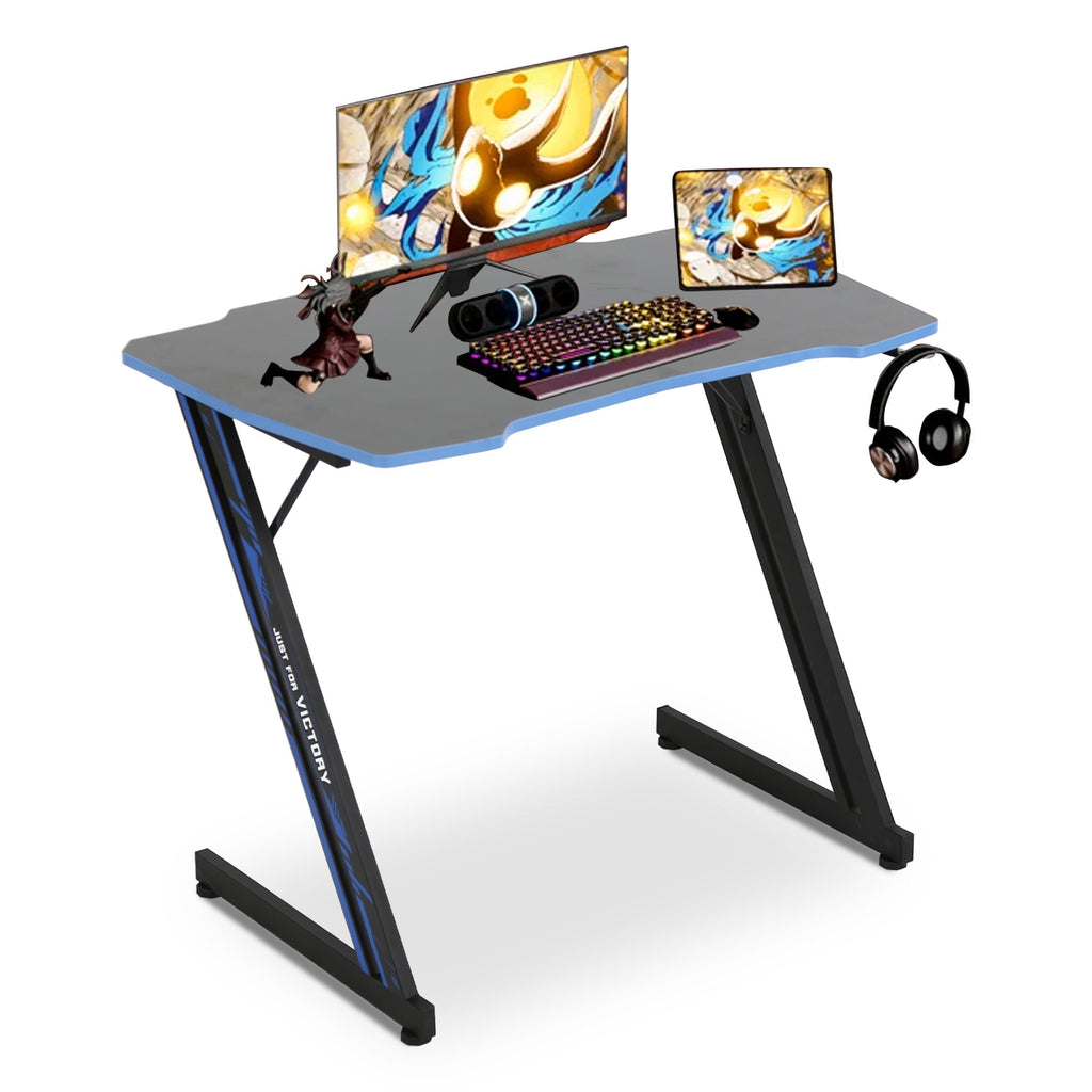 YRLLENSDAN Gaming Collection Z-Shaped Desk with Headphone Hook and Adjustable Feet, Blue