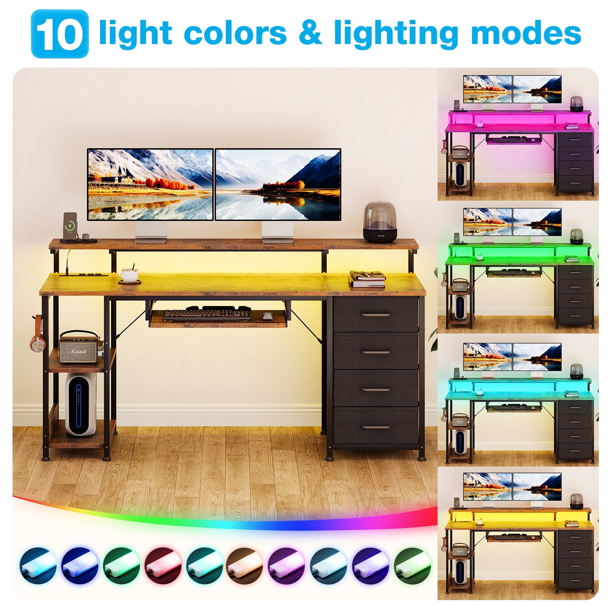 55 inch Office Desk with Power Outlet and Adjustable Monitor Stand, Computer Desk with Fabric Drawer and Keyboard Tray, Gaming Desk with LED Light & PC Stand, Vintage