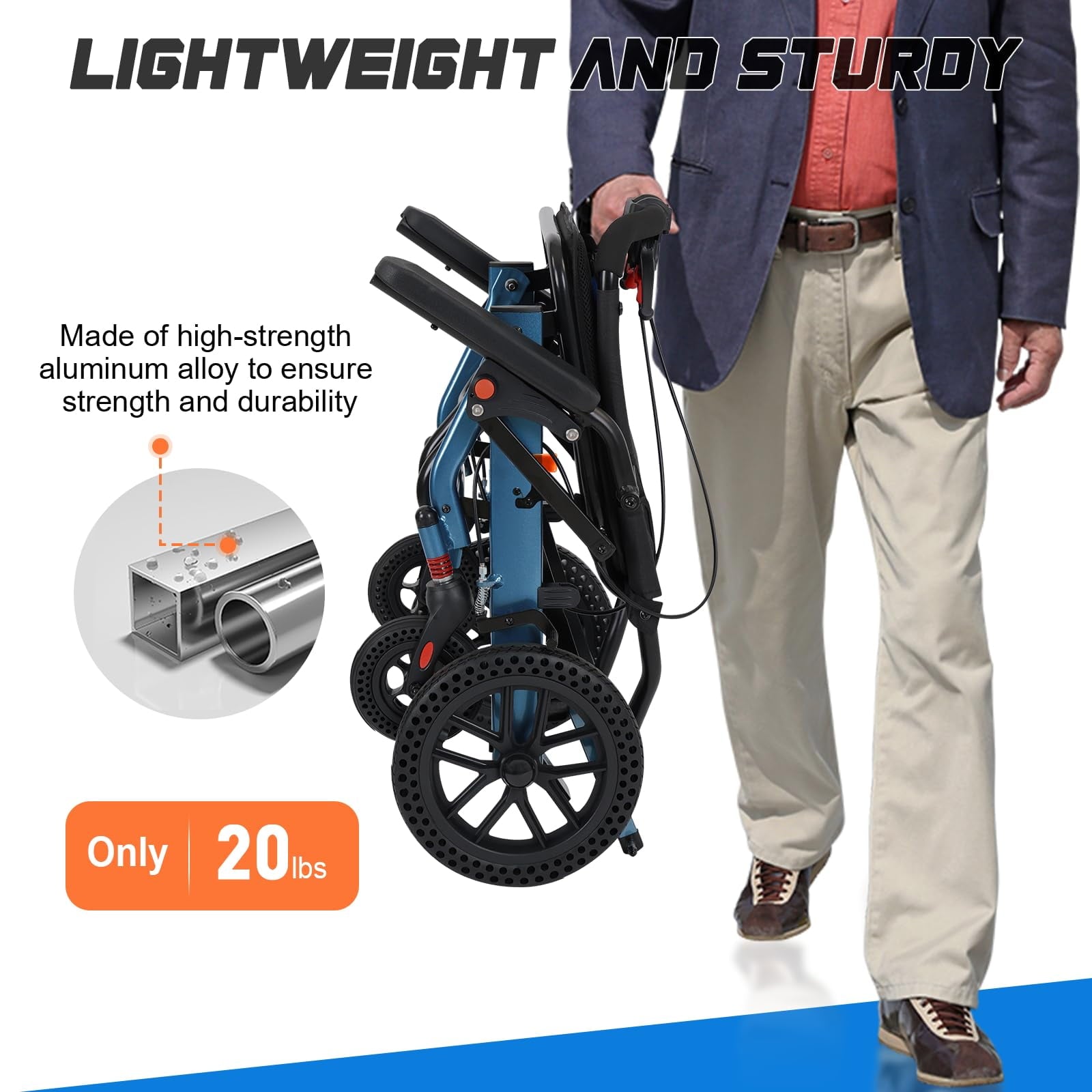 20LBS Ultra-Lightweight Foldable Wheelchair for Adults & Seniors, 10” Honeycomb Tires, Dual Handbrake, 220LBS Capacity, Portable for Travel & Daily Use