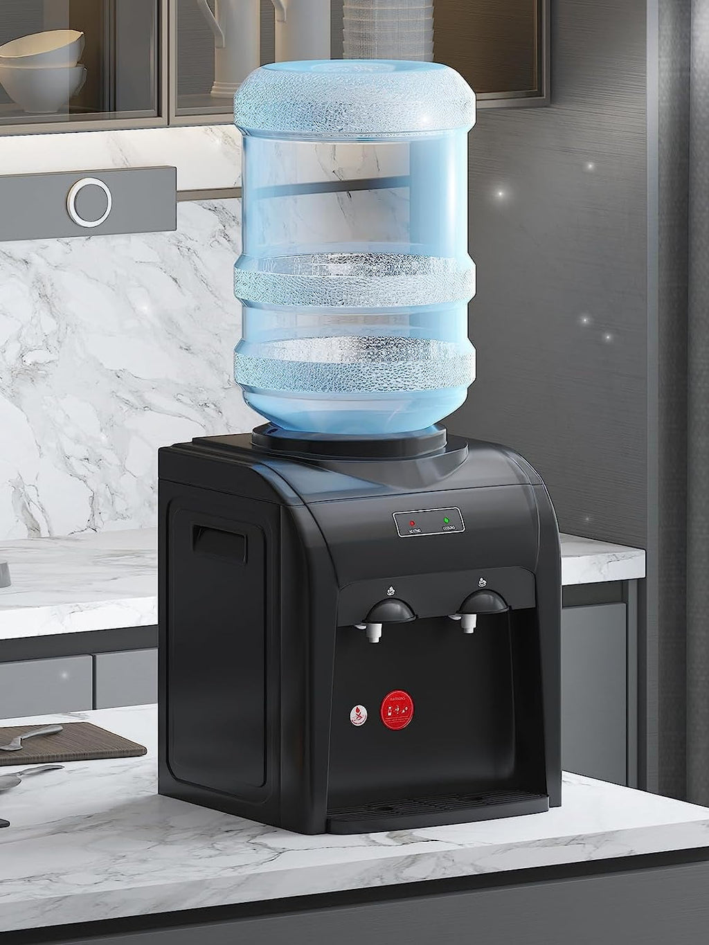 TABU Top Loading Water Cooler Dispenser, Hot & Cold Water, 38'' Countertop Water Cooler Dispenser, Holds 3 or 5 Gallon Bottle,Office Use,Black