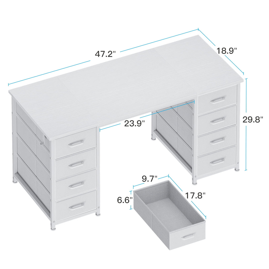 White Computer Desk with Drawers for Storage - 48 inch Home Office Desk with 8 Fabric Drawers, Writing Study Desk with Drawers on Both Sides for Bedroom