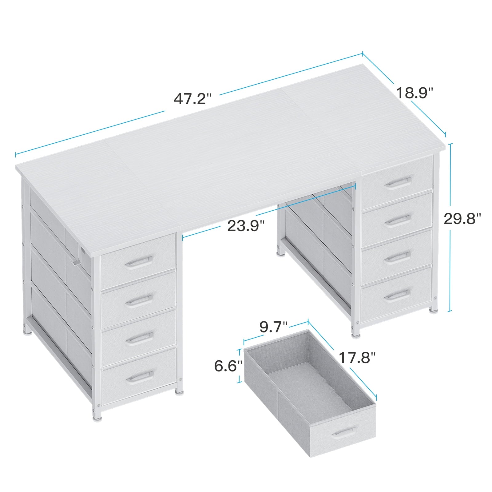 White Computer Desk with Drawers for Storage - 48 inch Home Office Desk with 8 Fabric Drawers, Writing Study Desk with Drawers on Both Sides for Bedroom