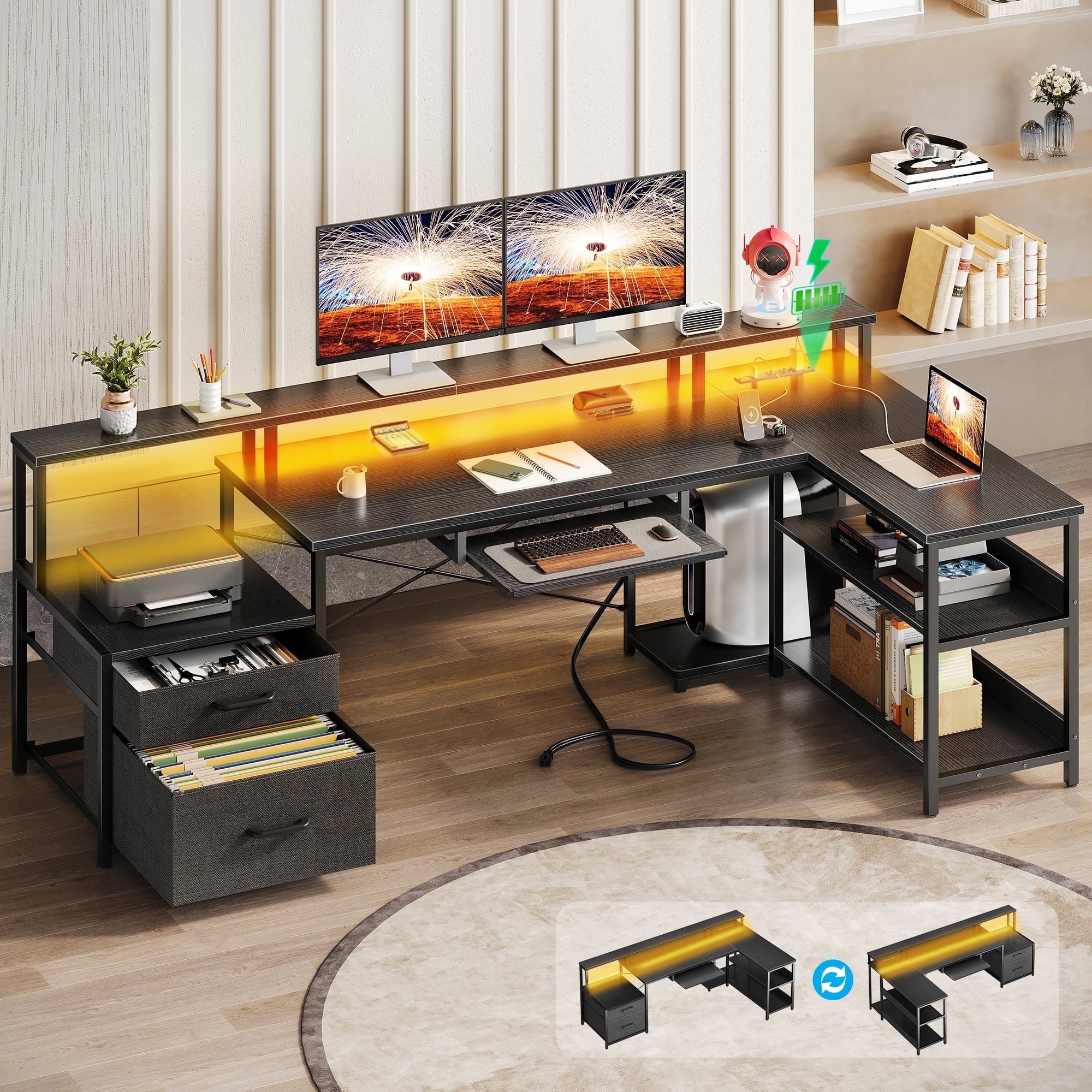 66" Reversible L Shaped Desk with File Drawer & Power Outlet, Modern Computer Desk with Keyboard Tray & LED Strip, Office Table with Storage Shelves, Gaming Desk with Monitor Shelf, Black