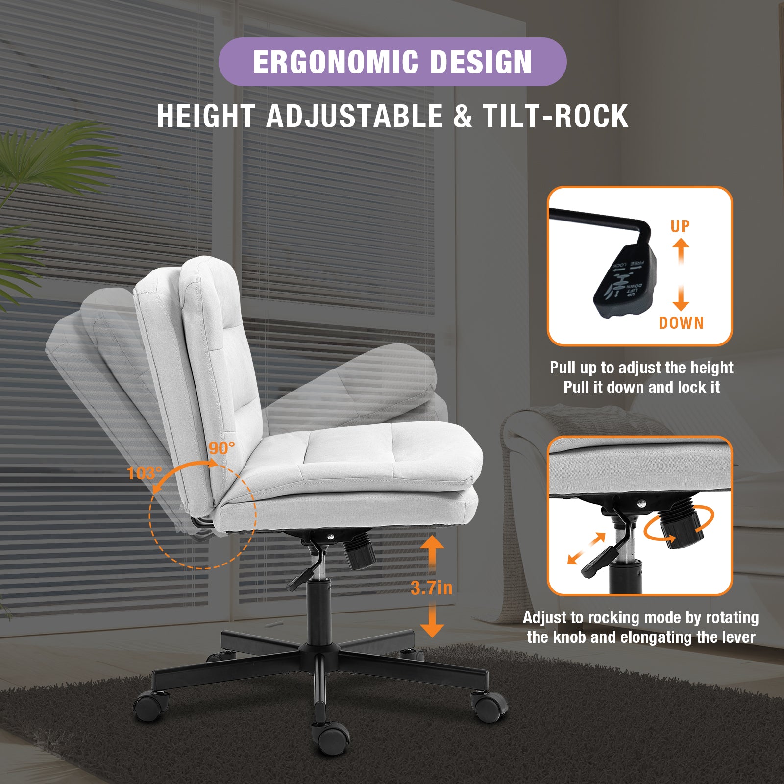 Criss Cross Legged Chair Ergonomic Home Office Desks Chair with Casters, Armless Wide Comfy Vanity Desk Seat Swivel Rolling Computer Chair, Adjustable Height, Rocking Function, Beige