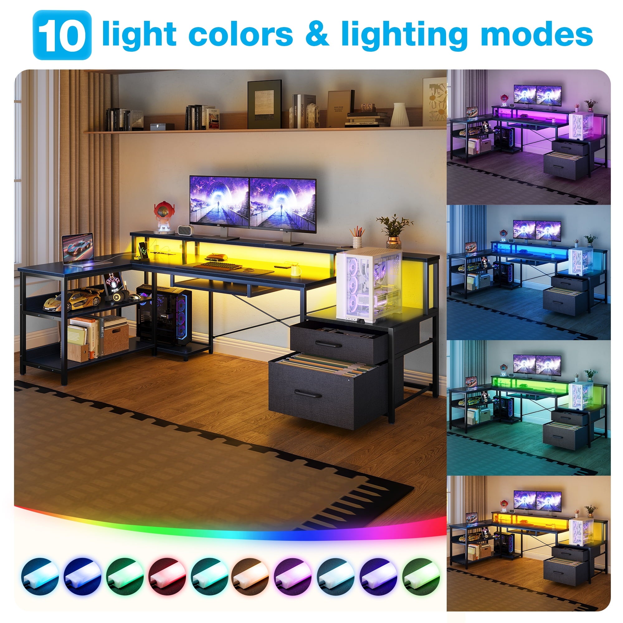 66" Reversible L Shaped Desk with File Drawer & Power Outlet, Modern Computer Desk with Keyboard Tray & LED Strip, Office Table with Storage Shelves, Gaming Desk with Monitor Shelf, Black