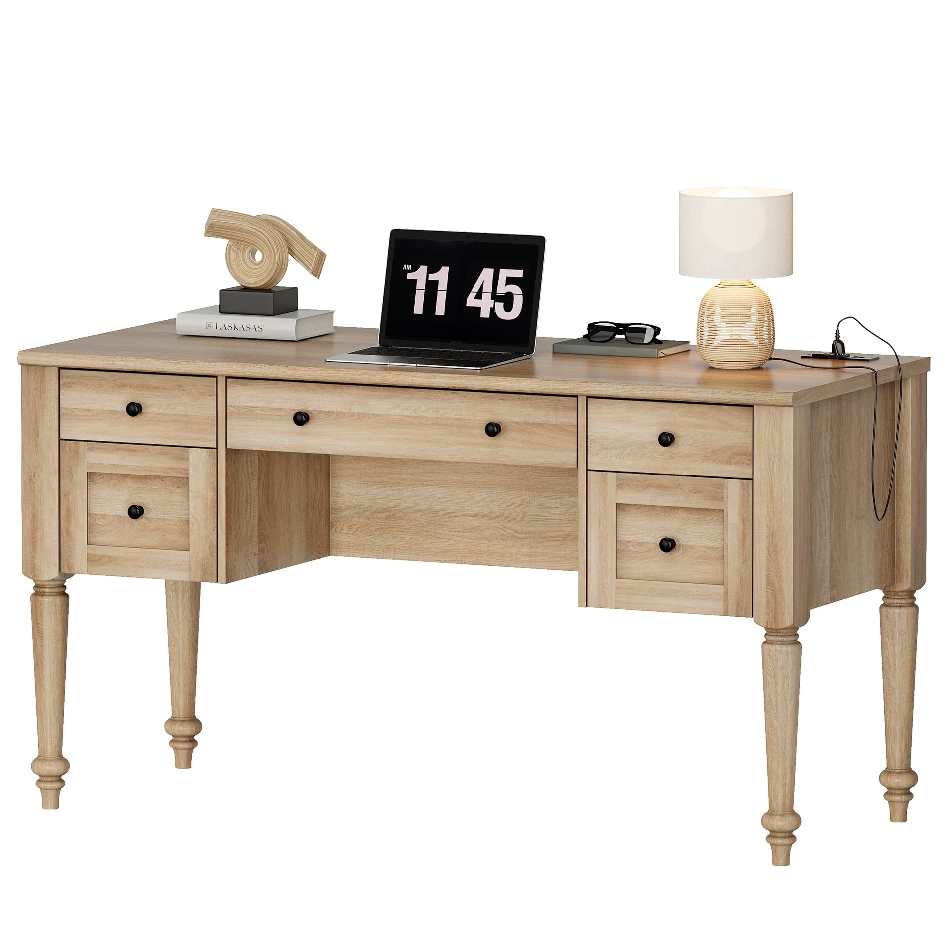 Farmhouse Executive Desk with Drawers, Charging Function, File Drawer, for Home Office, Work, Study Room, Oak
