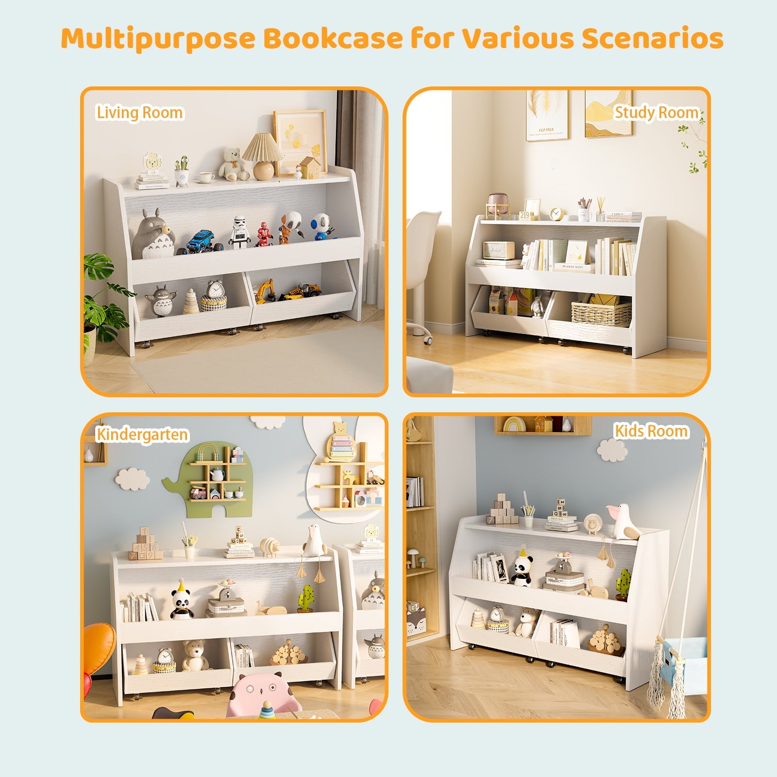 2-Tier Portable Toy Storage, Kids Toy Organizer W/2 Removable Bins with 4 Wheels（White)