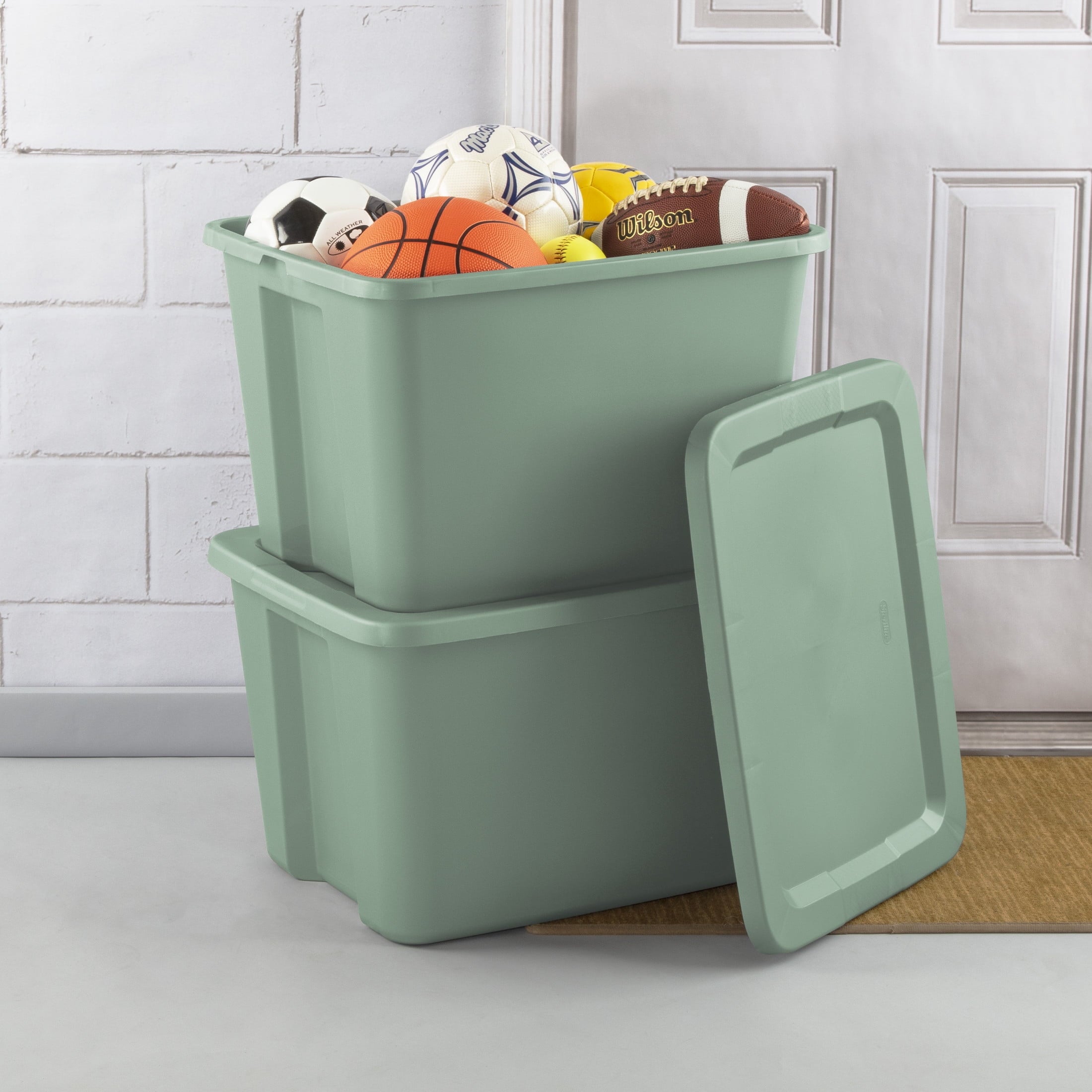 Sterilite Large Storage Bin, 18 Gallon Plastic Storage Container with Snap-On Lid, Light Green, 8 Count