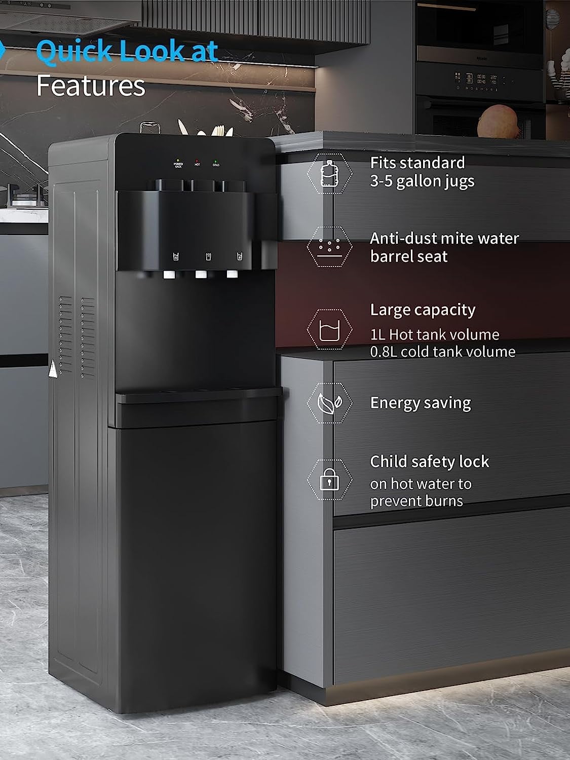 Muhub Cold & Hot Water Cooler Dispenser, Black Bottom Loading Water Cooler Dispenser, Holds 3 or 5 Gallon Bottle, Anti-Scalding Design and Storage Cabinet, Child Safety Lock for Home, Office Use