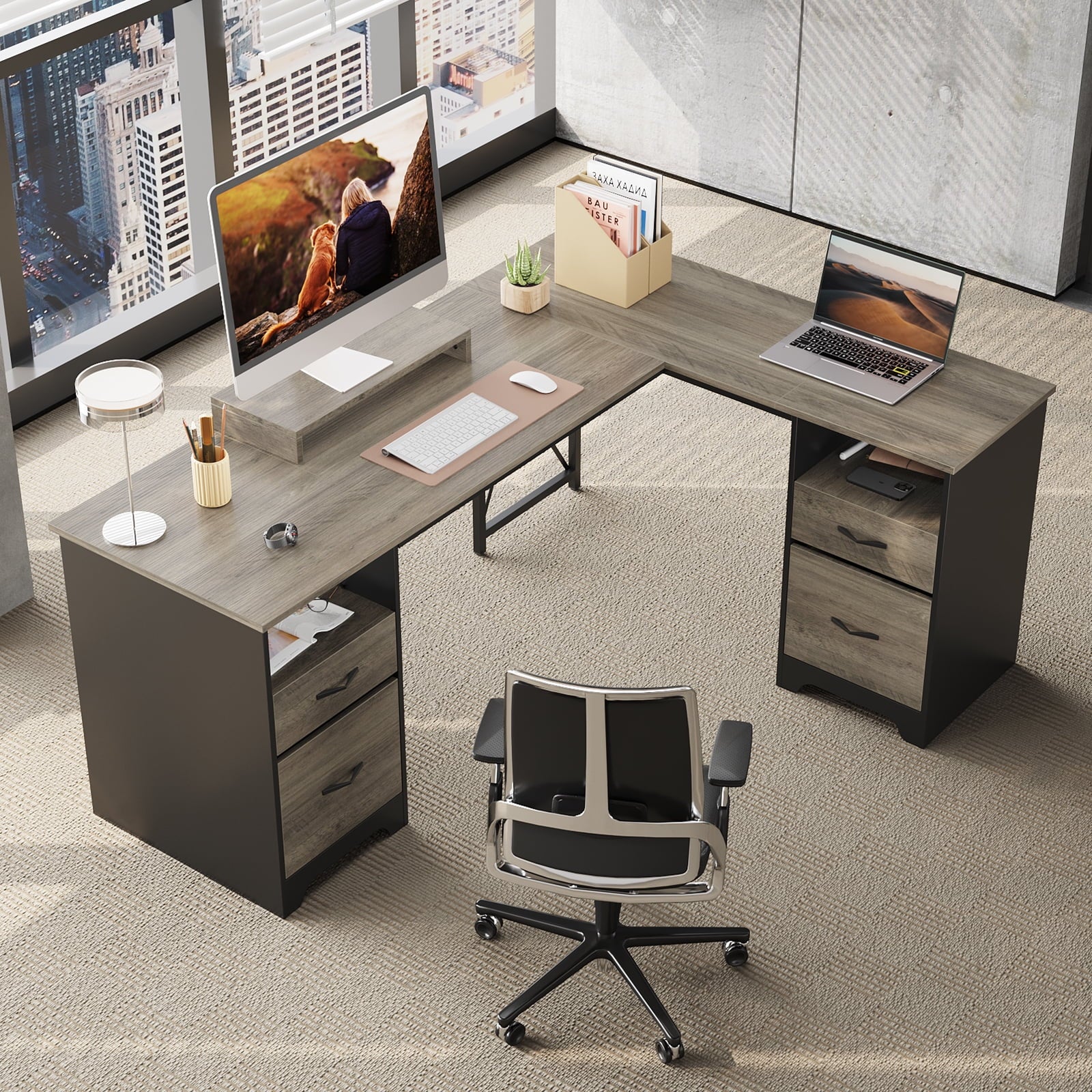 Bestier L Shaped Desk with 4 Drawers, 63" x 47" Executive Desk with Monitor Stand, File Drawers for Home Office, Gray