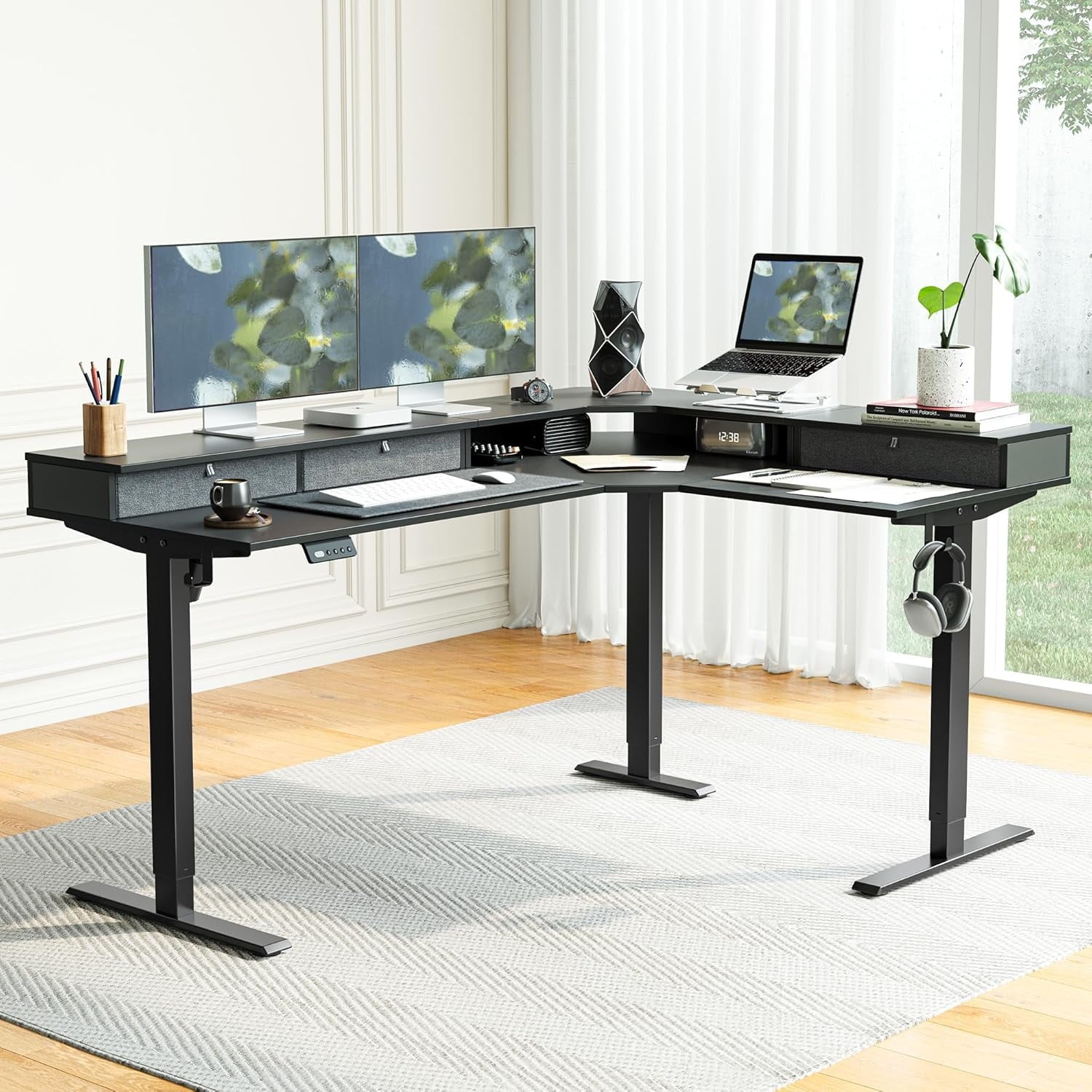 DESINO L Shaped Standing Desk, 63 inch Electric Height Adjustable Home Office Desk with Drawers, Large Ergonomic Computer Desk with Reversible Tabletop, 2 Memory Height Settings, Black