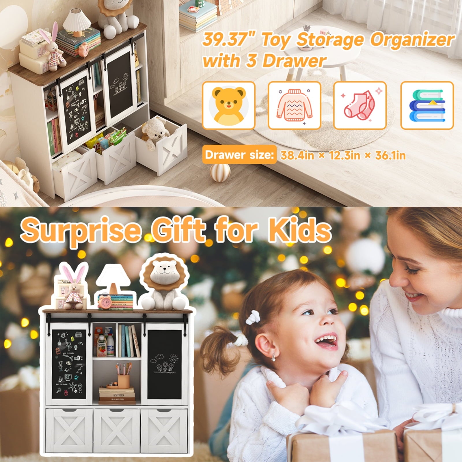 Vabches Toy Storage Organizer with 3 Drawers Kids Bookcase with Sliding Blackboard Storage Cabinet, White