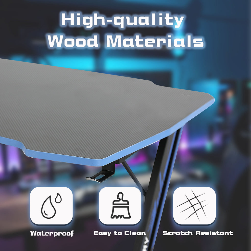 YRLLENSDAN Gaming Collection Z-Shaped Desk with Headphone Hook and Adjustable Feet, Blue