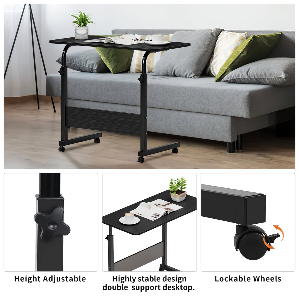 Qiushi Portable Couch Side Table Adjustable Tray Table on Wheels for Home, Office Black