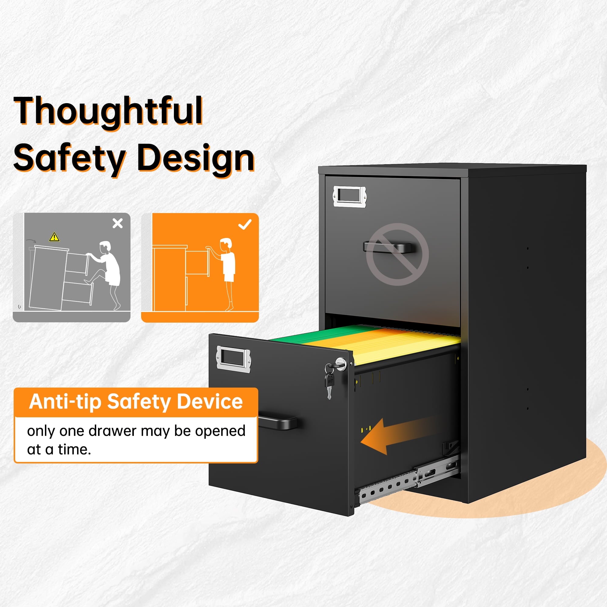 STANI 2 Drawer Filing Cabinet with Lock, Metal Vertical File Storage Cabinets for Home Office, Letter/A4 File Folders Storage, Assembly required (Black)