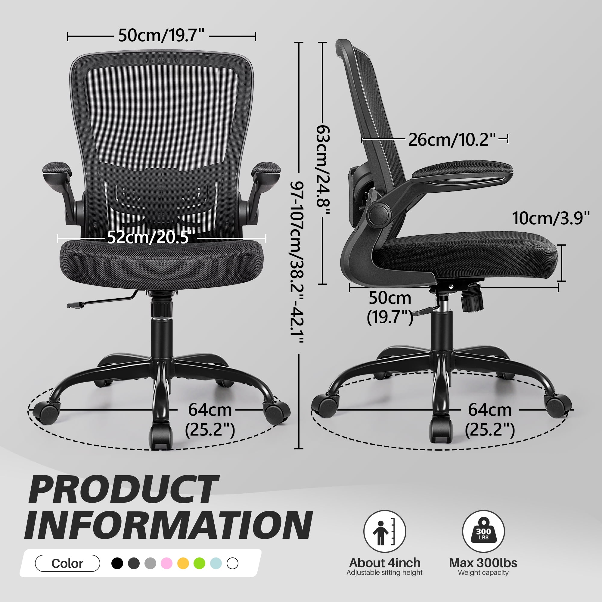 COOLHUT Ergonomic Office Chair, 400LBS Task Chair, Comfort Desk Chair with Adjustable Lumbar Support and Flip up Arms, Black