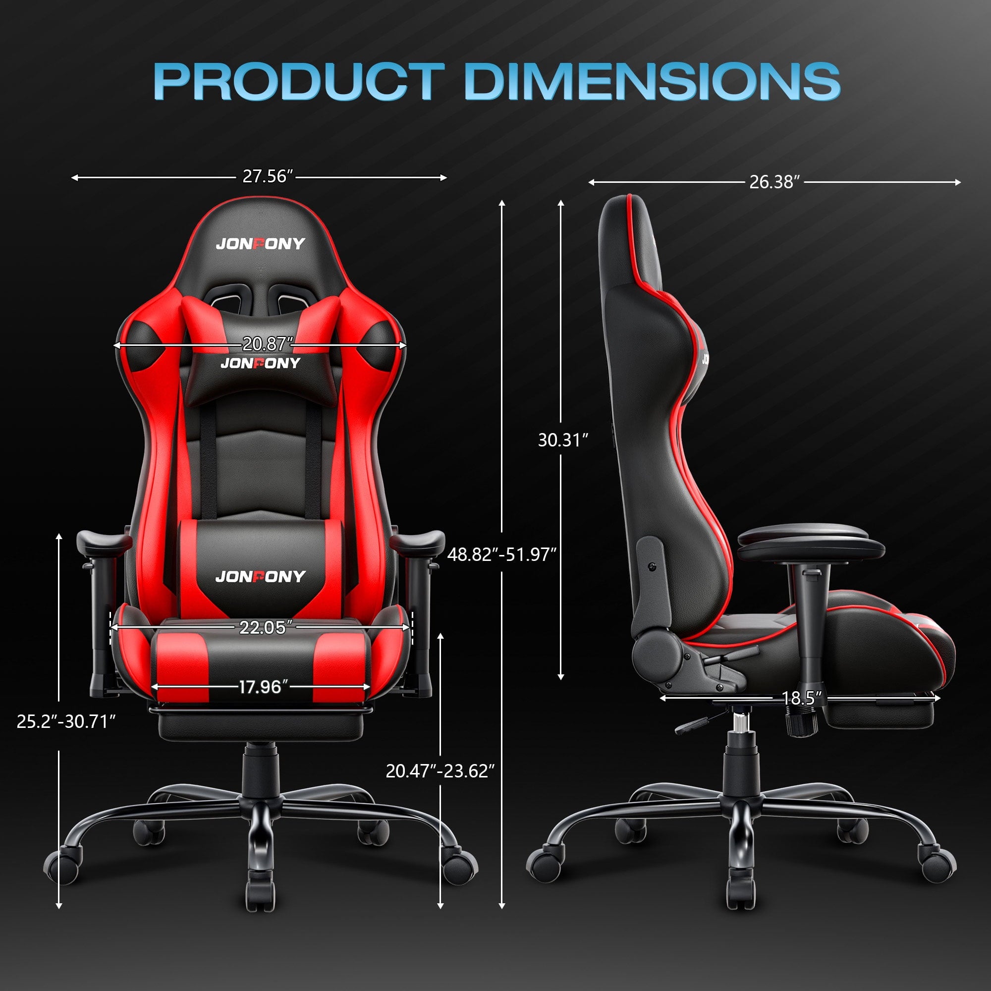JONPONY Big and Tall 500LBS Gaming Chair, Ergonomic Design, Gamer Chair PU Leather with Footrest and Lumbar Support, High Back Office Chair Support 8 Hours Long Sitting,Red Computer Chair,Red