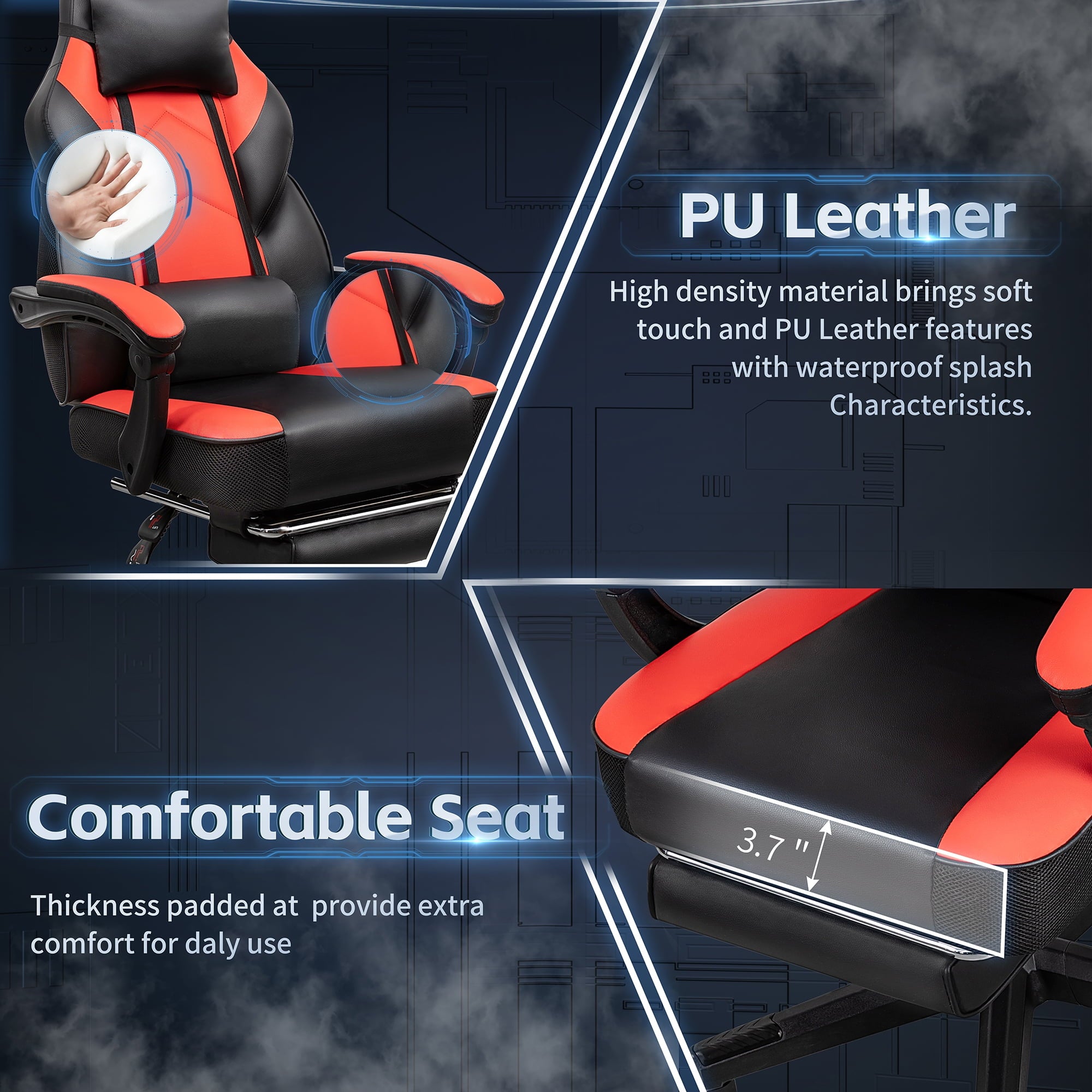 Walsunny Ergonomic Gaming Chair with Adjustable Footrest and Massage Leather Game Chair large gaming chair with Headrest and Lumbar Support for Adults, Red