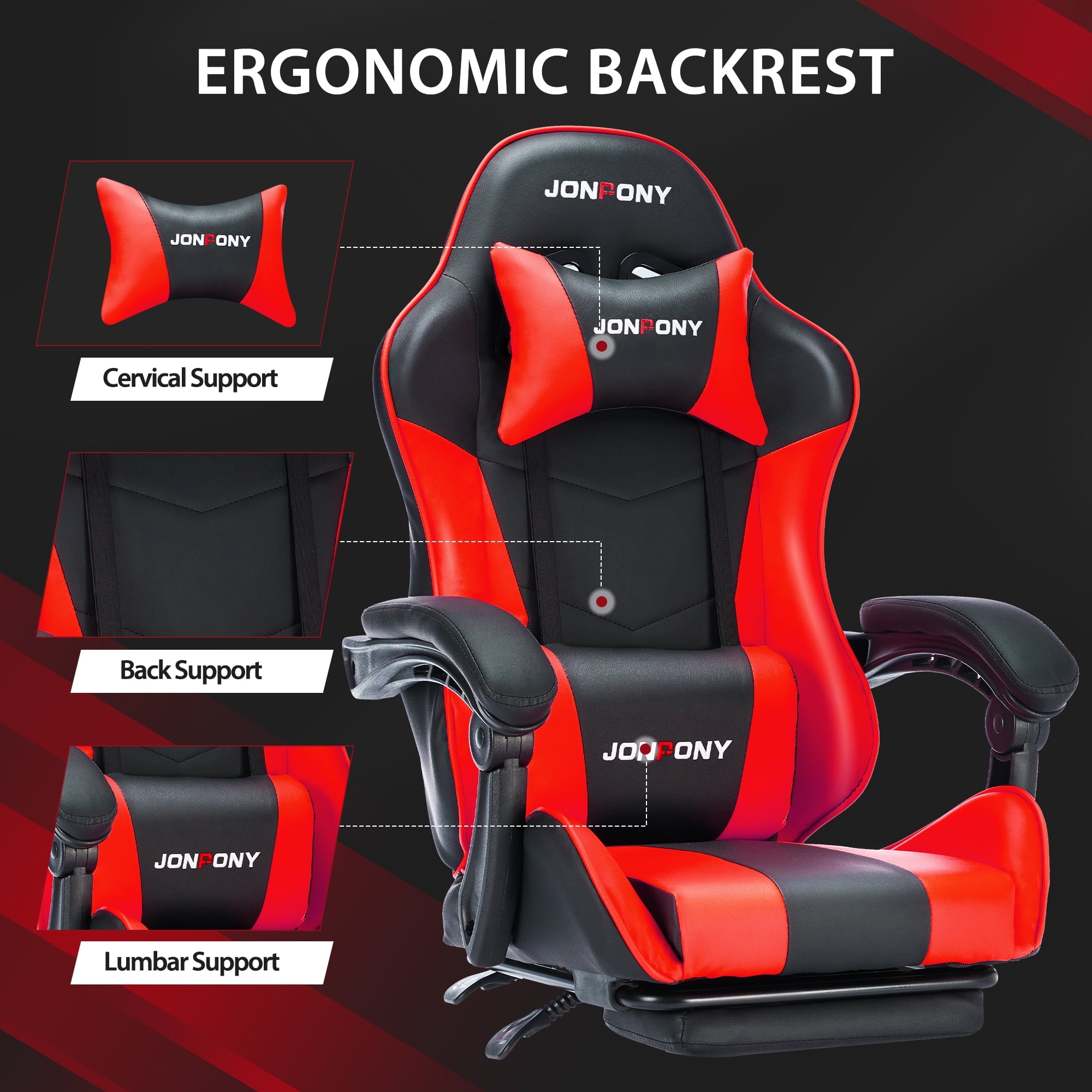 JONPONY Big and Tall 400LBS Gaming Chair, Ergonomic Design, Gamer Chair PU Leather with Footrest and Lumbar Support, High Back Office Chair Support 8 Hours Long Sitting, Computer Chair,Red