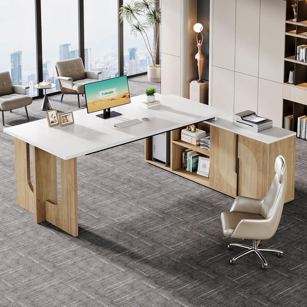 Tribesigns 74.8" Executive Desk, Large Office Desk with Cabinet, L Shaped Computer Desk with Shelves and CPU Storage, Modern Home Office Desk Business Furniture Workstation Set, White and Wood