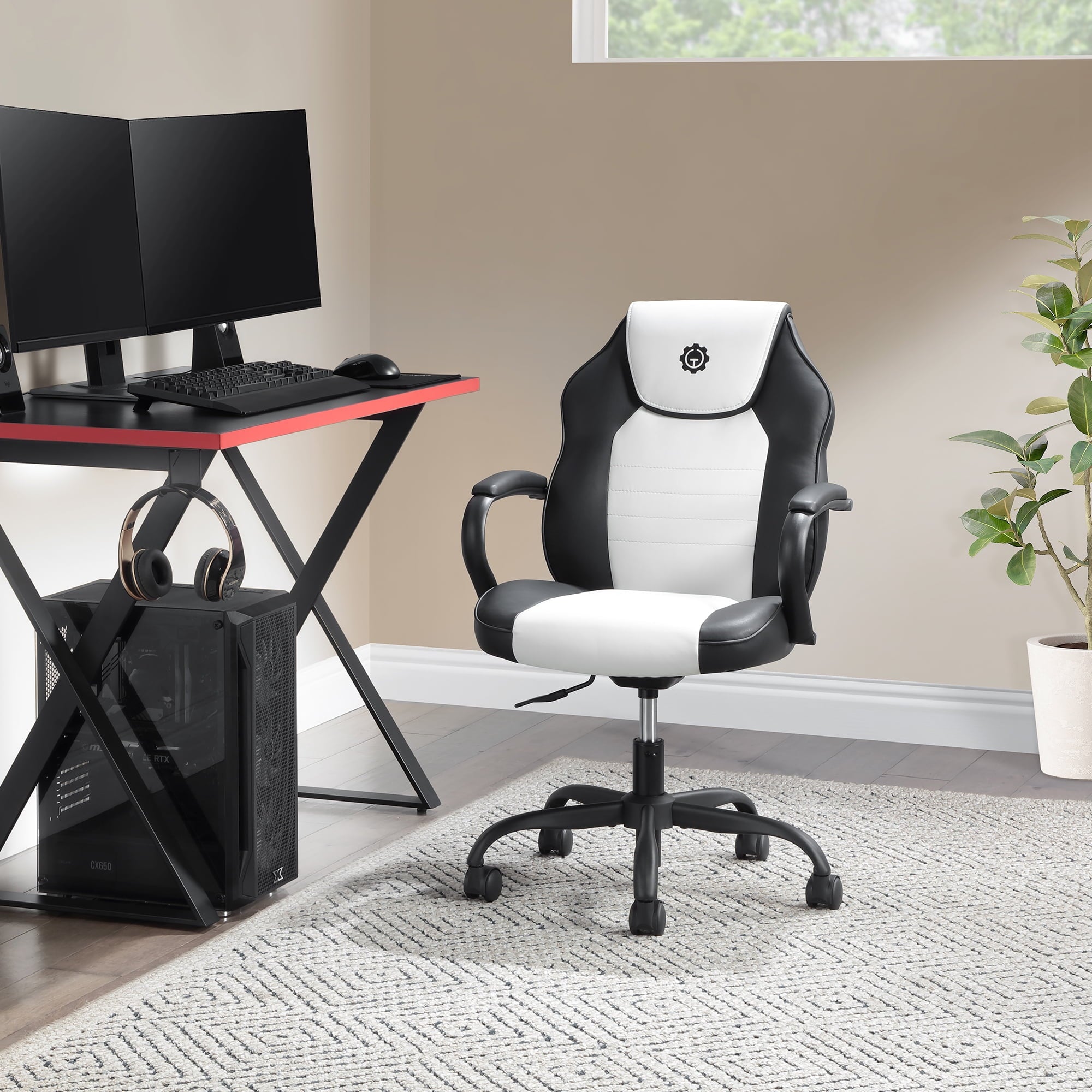 Gamer Gear Jr. Xplorer Gaming and Computer Chair, Kids and Teens Gaming Chair with Padded Arms, Adjustable Height, White and Black