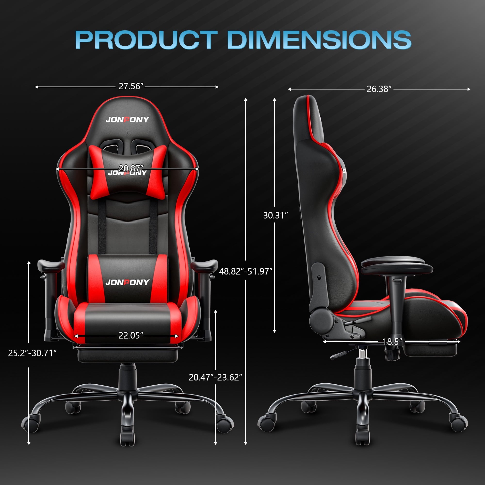 JONPONY Big and Tall 500LBS Gaming Chair, Ergonomic Design, Gamer Chair PU Leather with Footrest and Lumbar Support, High Back Office Chair Support 8 Hours Long Sitting, Computer Chair,Red