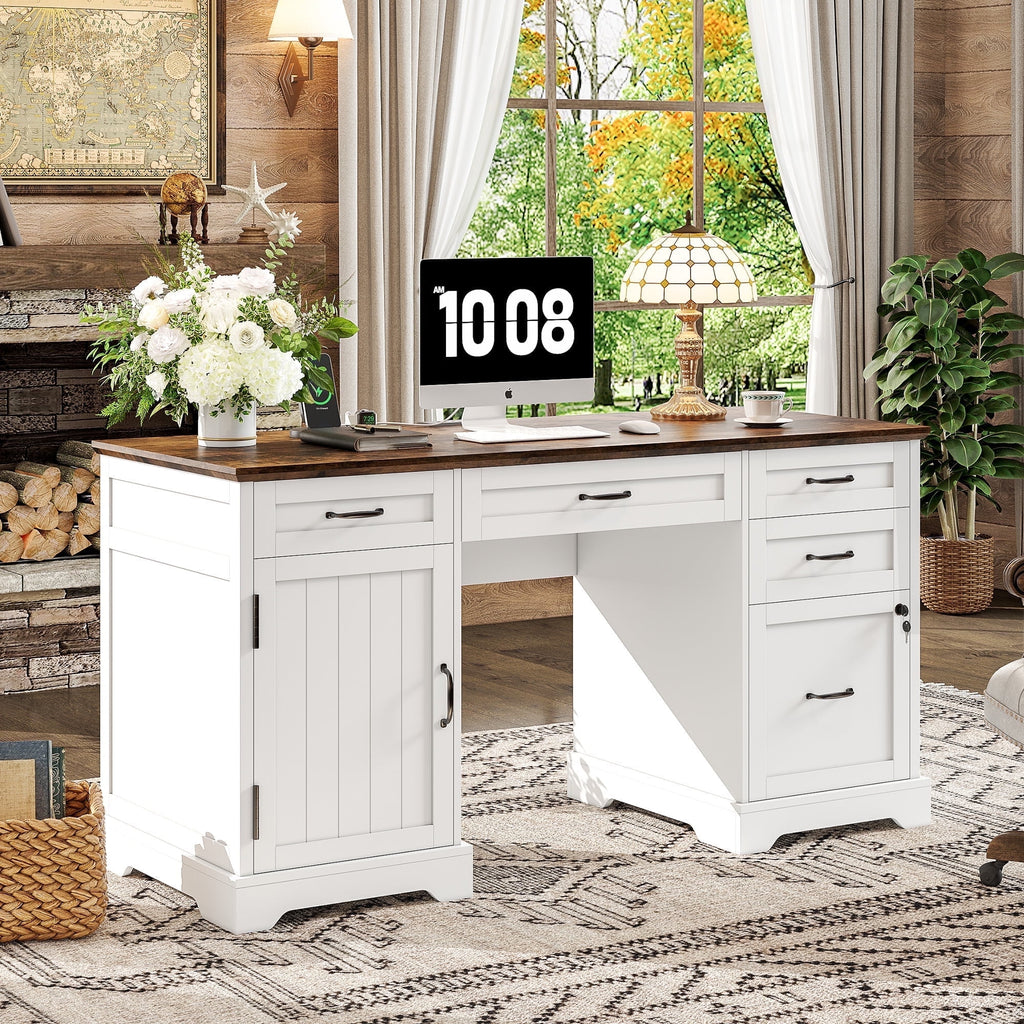 Alohappy Executive Desk with File Drawers, 55'' Farmhouse Desk Modern for Adult Home Office, White