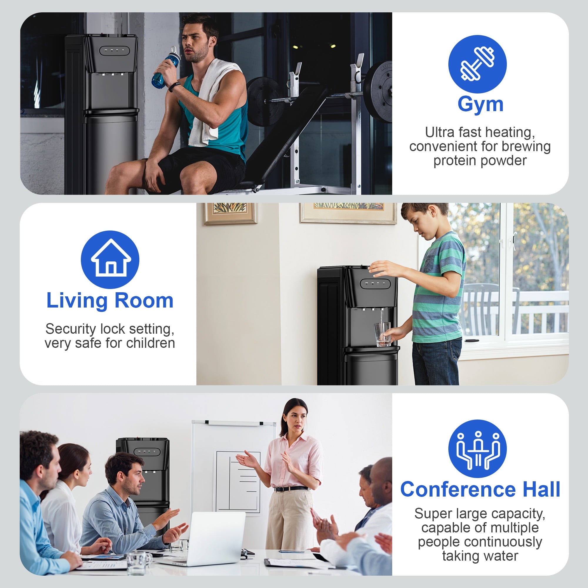 Manastin Bottom-Loading Water Dispenser, 3 Temperatures (Hot, Room and Cold), Child Safety Lock, LED Display with Water Shortage Alert, Black