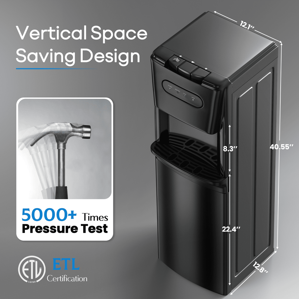 UrbanSync Bottom Loading Water Dispenser for 3 or 5 Gallons, 3 Temperatures (Cold/Hot/Warm) with Child Lock, Display Light, for Apartments, Schools, Companies, Black