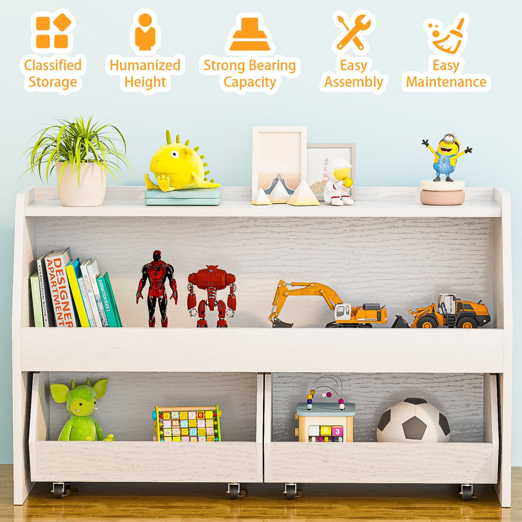 2-Tier Portable Toy Storage, Kids Toy Organizer W/2 Removable Bins with 4 Wheels（White)