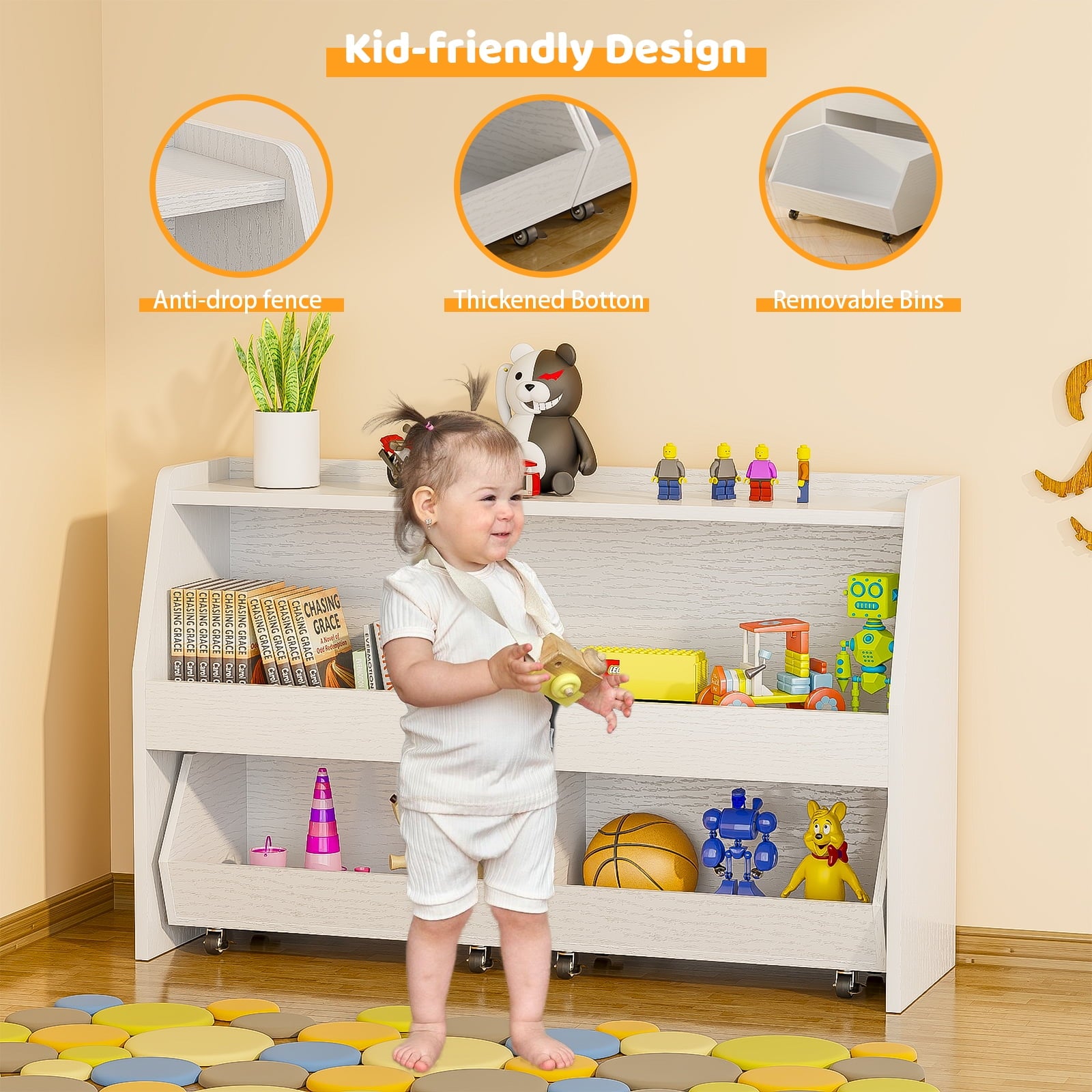 2-Tier Portable Toy Storage, Kids Toy Organizer W/2 Removable Bins with 4 Wheels（White)