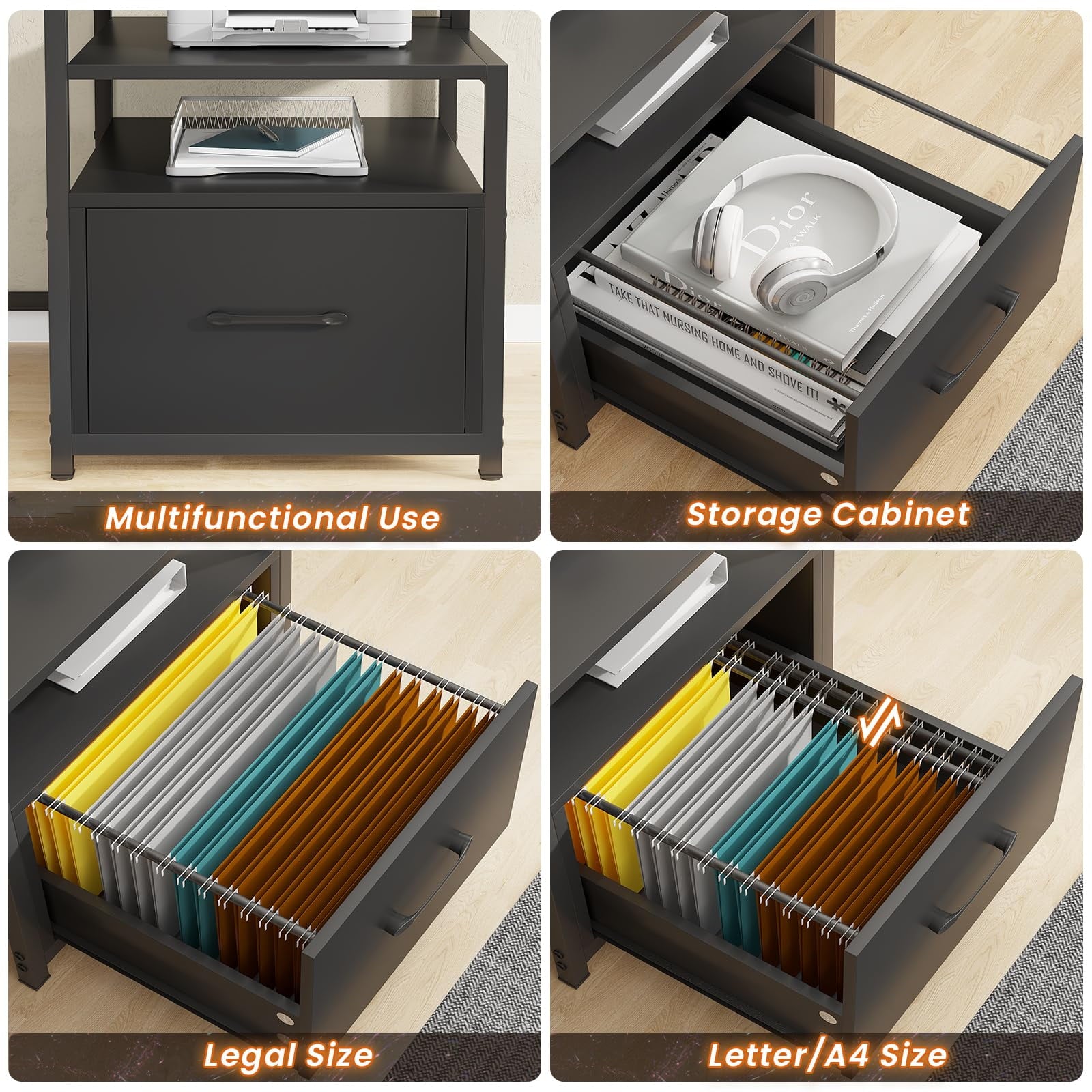 SEDETA Gaming Desk with 5 Drawer, Power Outlet & Led Lights, 66" Home Office Desk with File Drawer, Storage, Monitor Shelf, Computer Desk, Black