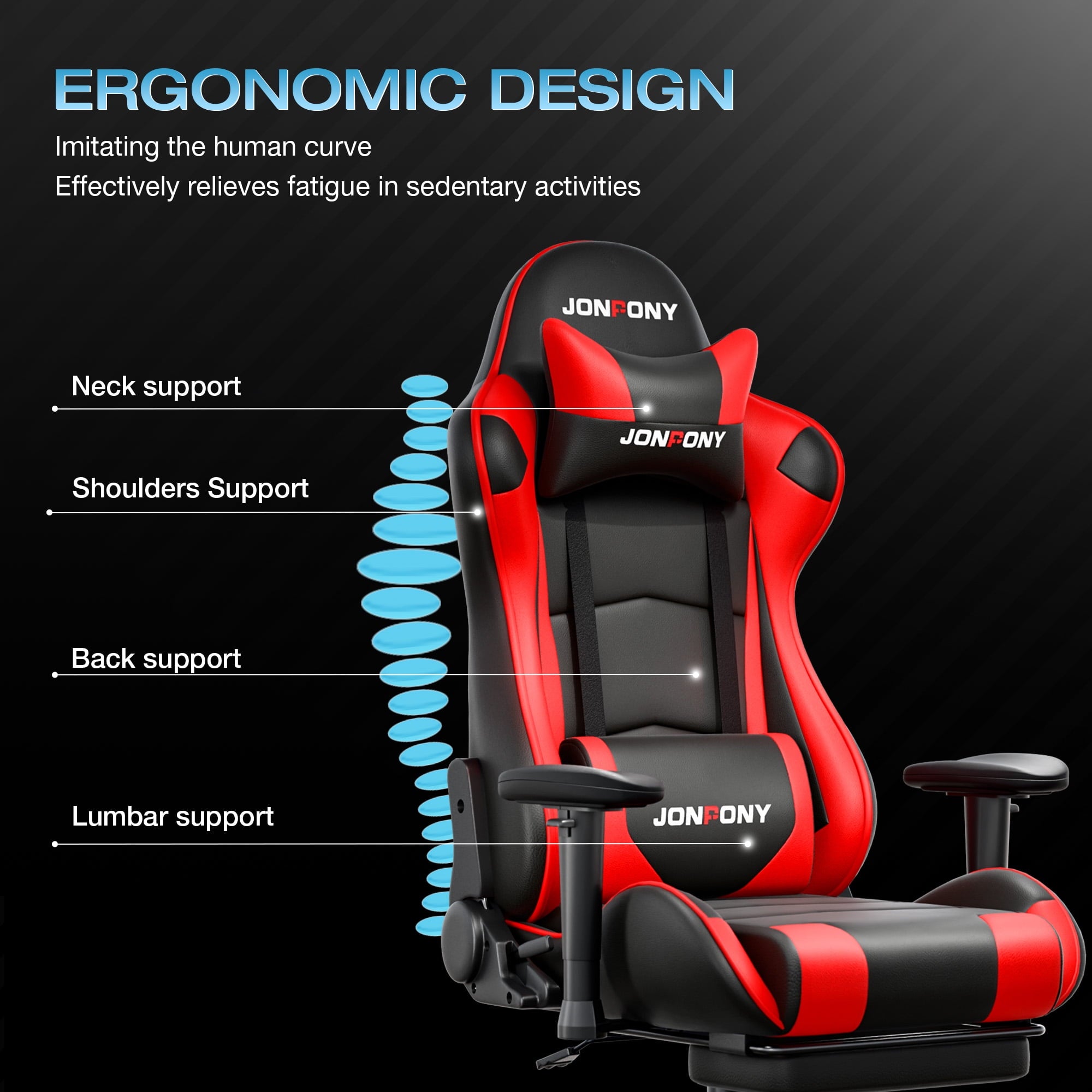 JONPONY Big and Tall 500LBS Gaming Chair, Ergonomic Design, Gamer Chair PU Leather with Footrest and Lumbar Support, High Back Office Chair Support 8 Hours Long Sitting,Red Computer Chair,Red