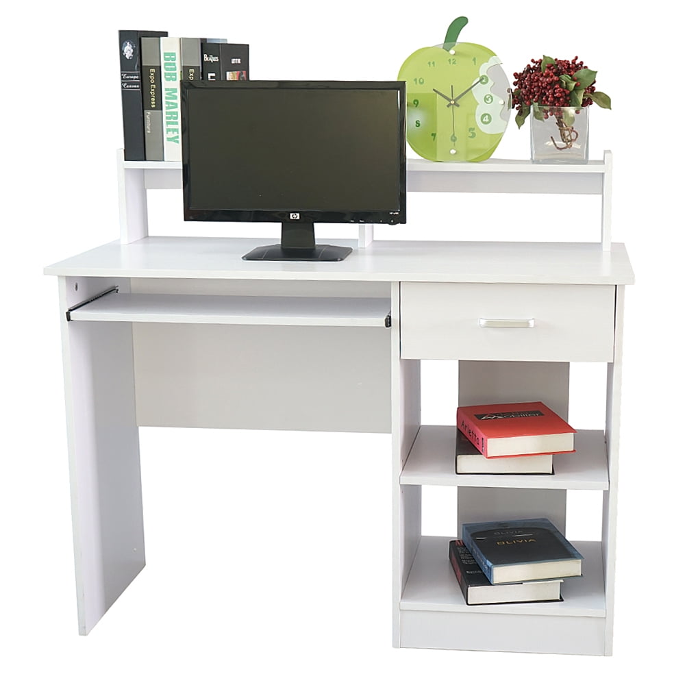 Computer Desk with Keyboard Tray, Wooden Storage Desk with Drawer and Storage Shelves,  Laptop Studying Writing Desk with Bookshelf for Home, Office, Bedroom, Small Space