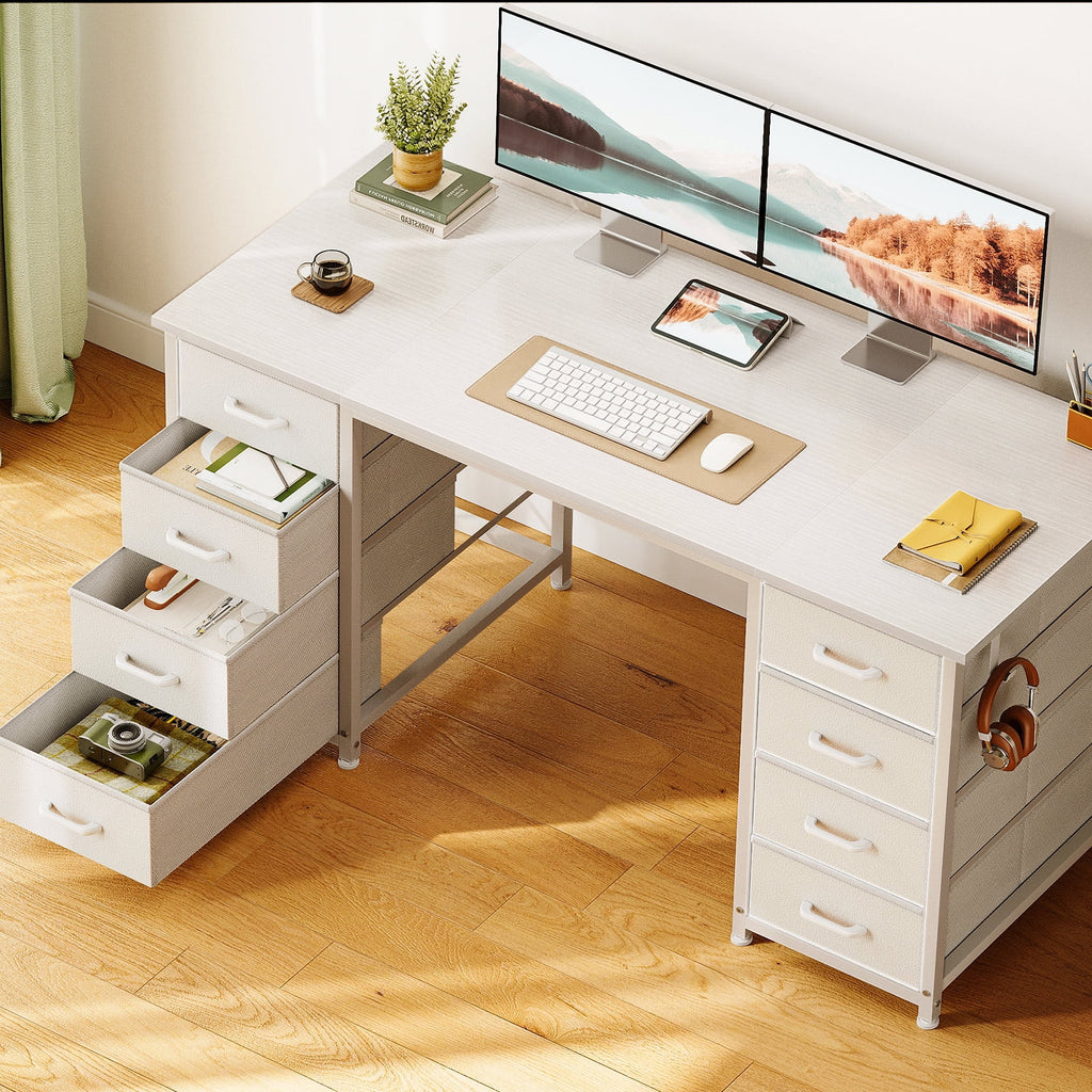 White Computer Desk with Drawers for Storage - 48 inch Home Office Desk with 8 Fabric Drawers, Writing Study Desk with Drawers on Both Sides for Bedroom