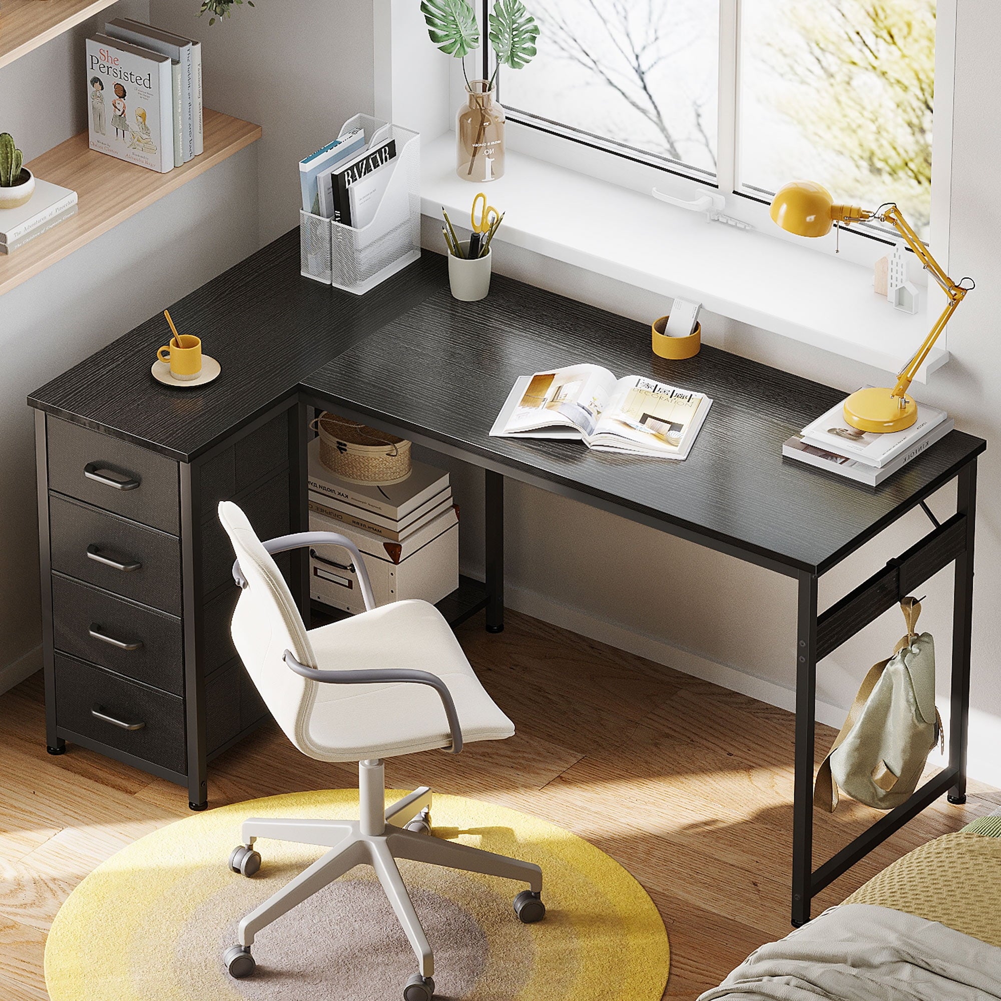 48 inch Computer Desk with 4 Fabric Drawers — Home Office Desks with Storage, Writing Desk with Side Hook, Desk Study/Work Table for Bedroom and Small Space, Black