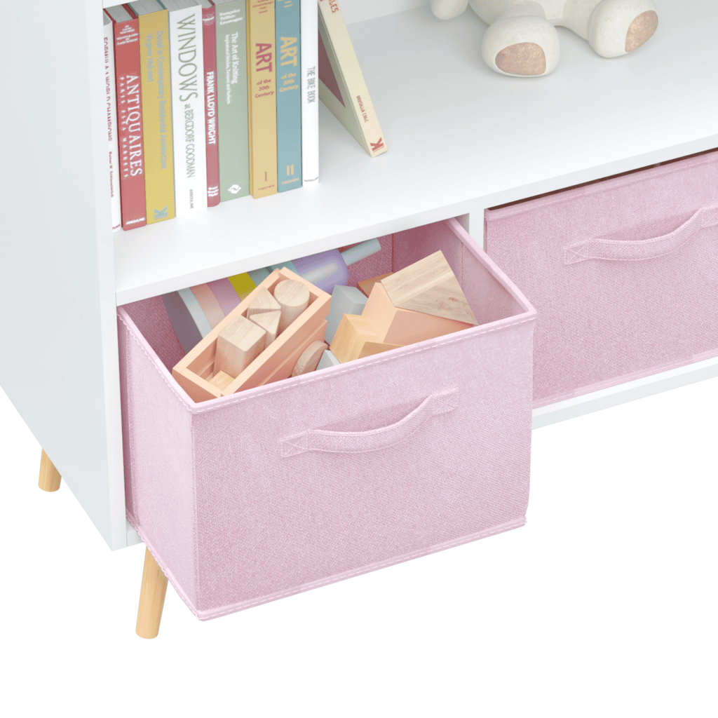 PORKISS Kids Bookshelf, Wood Kids Bookcase with 3 Collapsible Fabric Drawers, Freestanding Bookshelf for Kids, Modern Toy Storage Organizer for Kids Room, Living Room, Easy to Assembly, White/Pink
