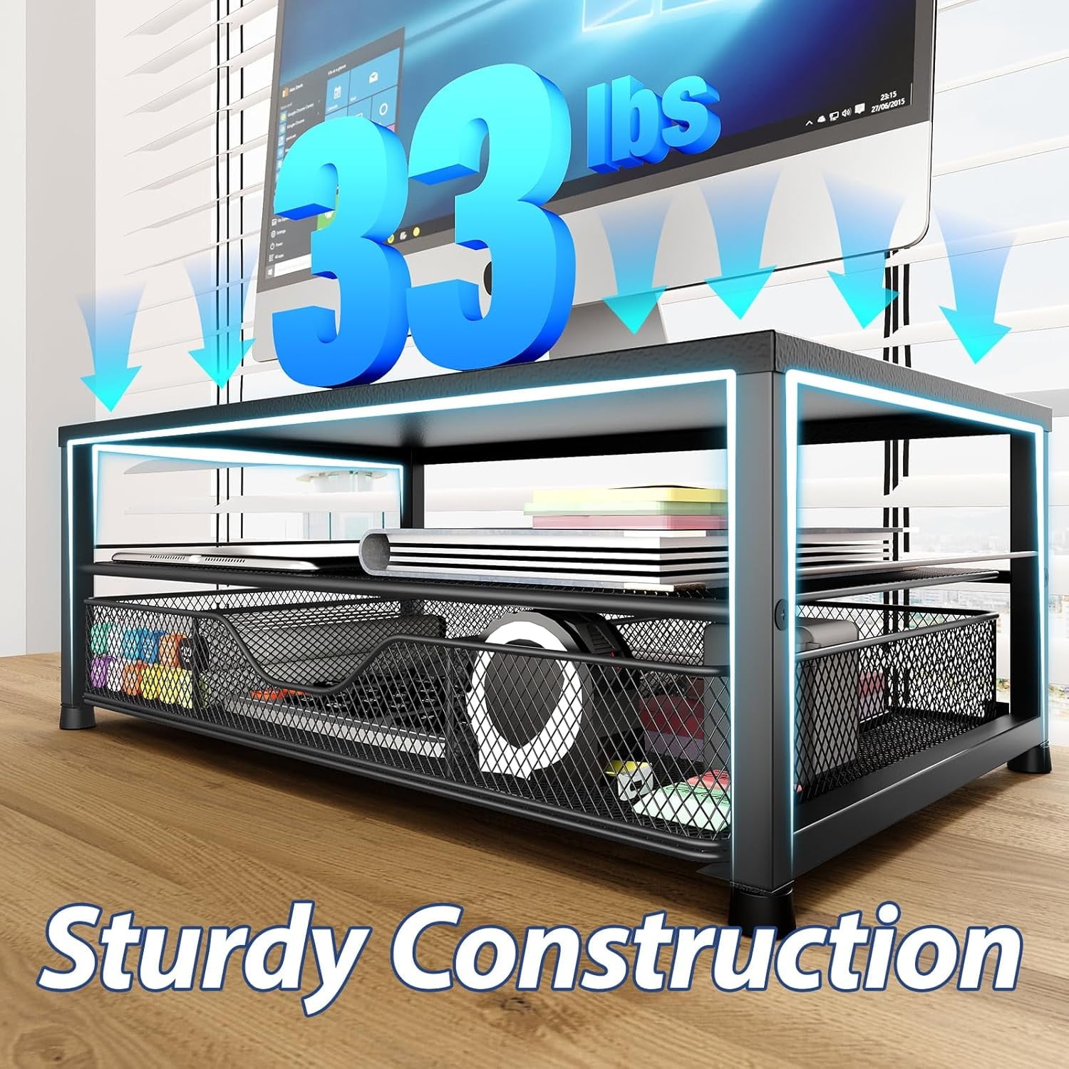 Desk Organizer and Accessories, 2-Tier Computer Monitor Stand with Drawer and 2 Pen Holders, Office Desk Accessories for Office Supplies